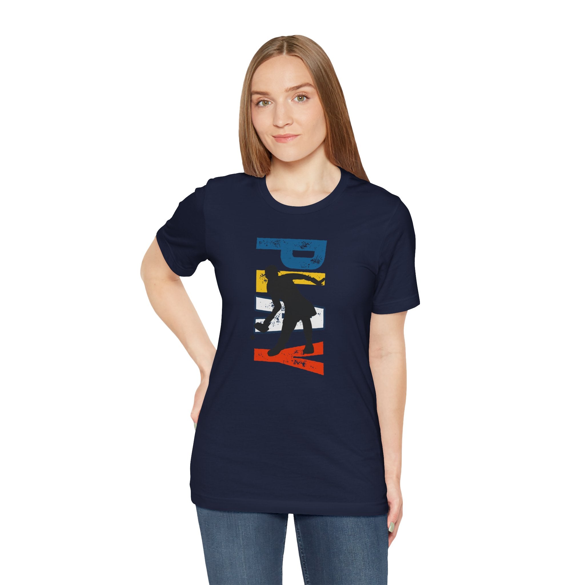 Women's retro-inspired pickleball T-shirt with vertical "PICKLEBALL" back print, made by Printify, featuring a stylish casual design.