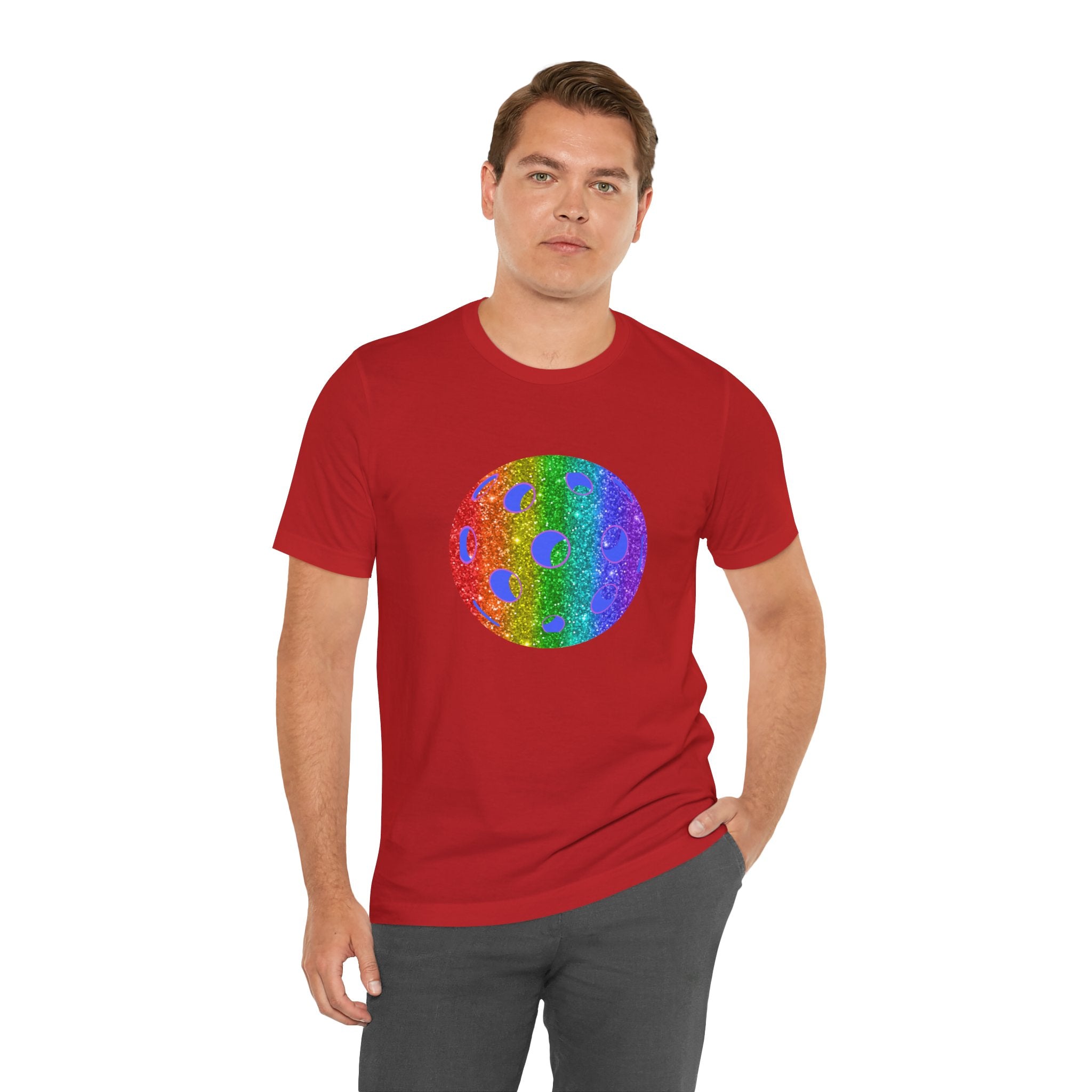 Rainbow glitter pickleball pride T-shirt by Printify featuring bold "Loud and Proud" text for pride and sports fans.