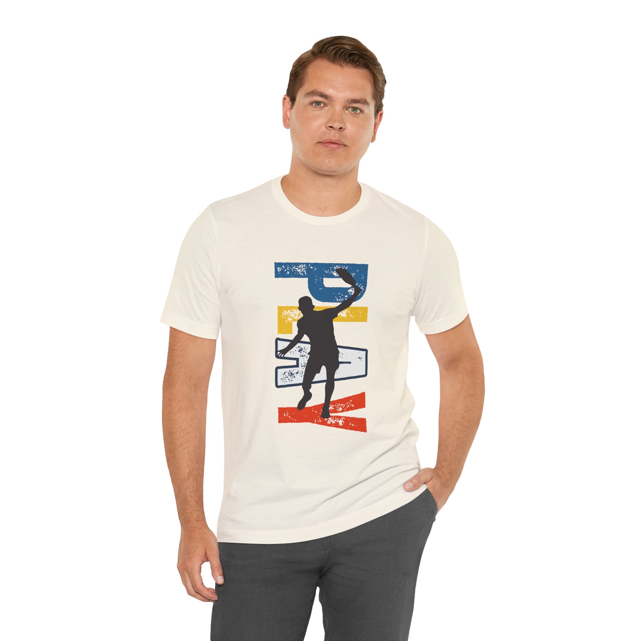 Men's Retro Pickleball Action T-shirt with front silhouette and vertical "PICKLEBALL" text on the back, by Printify.