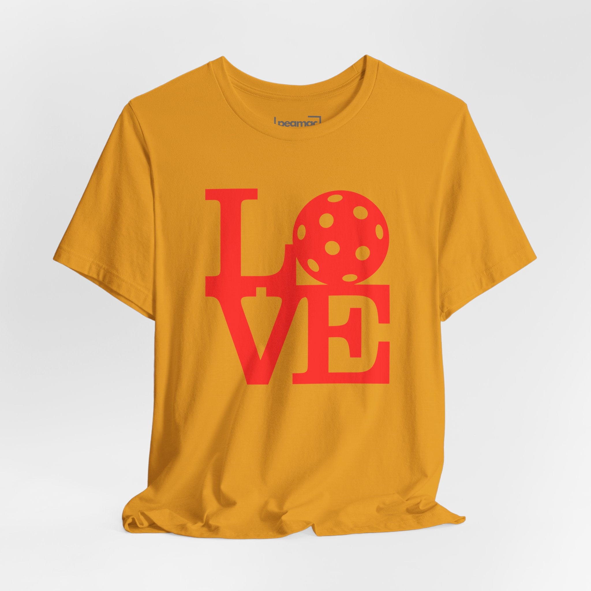 Red LOVE Pickleball graphic T-shirt by Printify featuring bold pop art design, casual unisex fit, perfect for pickleball players.