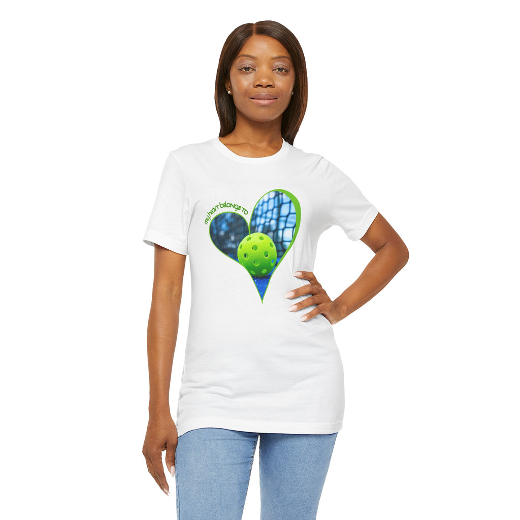 White Pickleball T-shirt with "My Heart Belongs to Pickleball" slogan, designed for players and fans, by Printify.