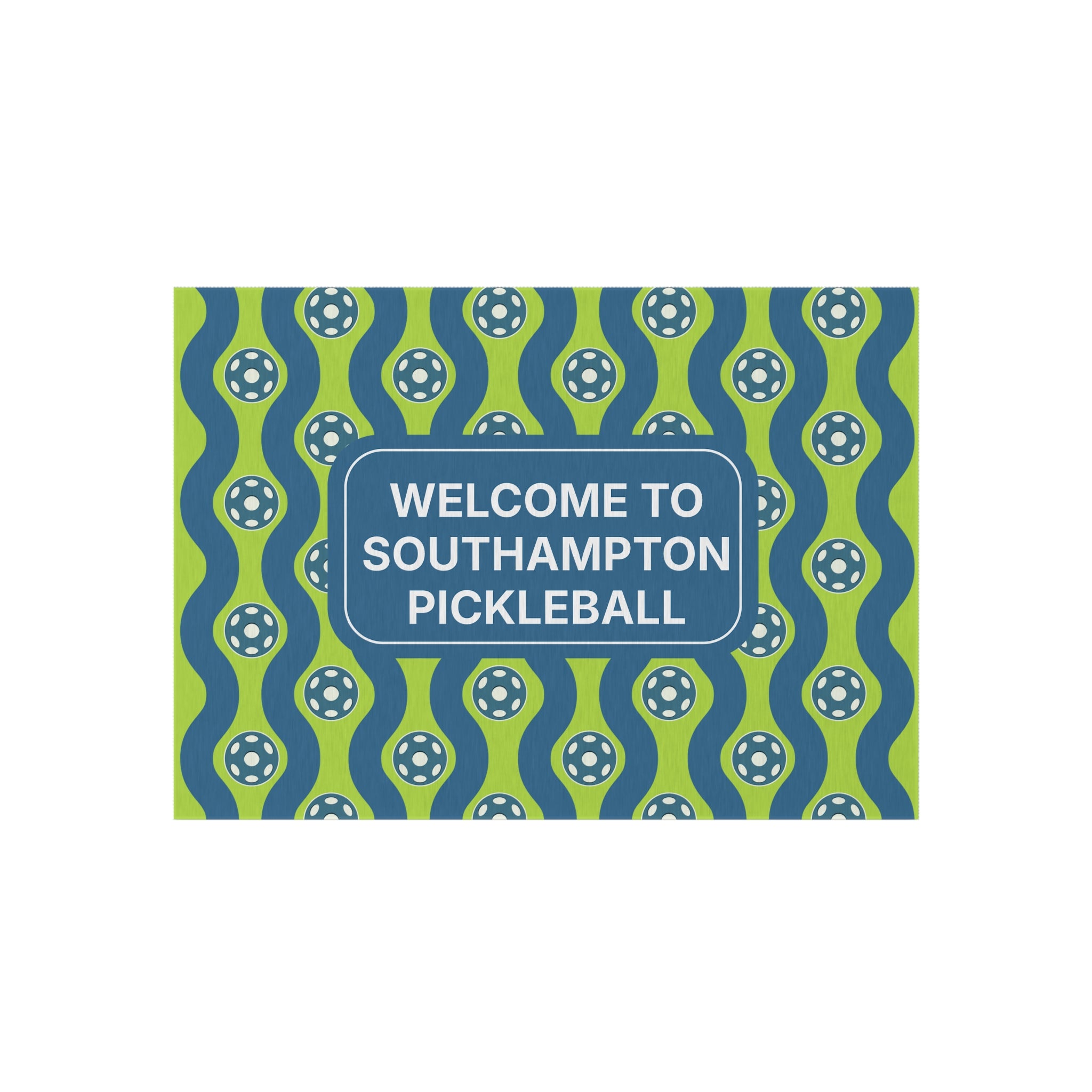 Personalized outdoor pickleball-themed doormat with custom welcome message or name, in various sizes for home decor.