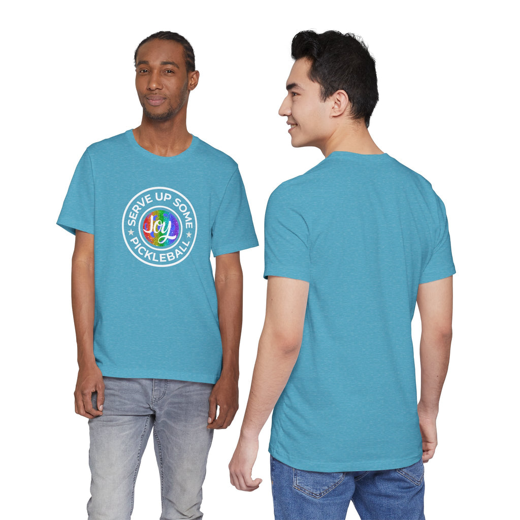 LGBTQ2 pride pickleball joy T-shirt by Printify featuring colorful rainbow design and bold lettering on a comfortable cotton tee.
