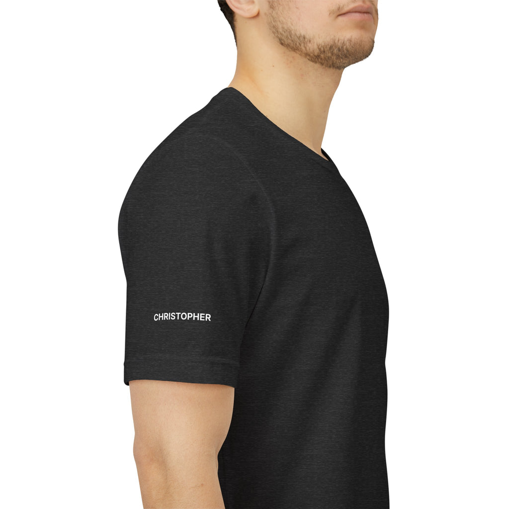 Personalized pickleball T-shirt by Printify featuring custom name sleeve, club logo, and pickleball design on the back.