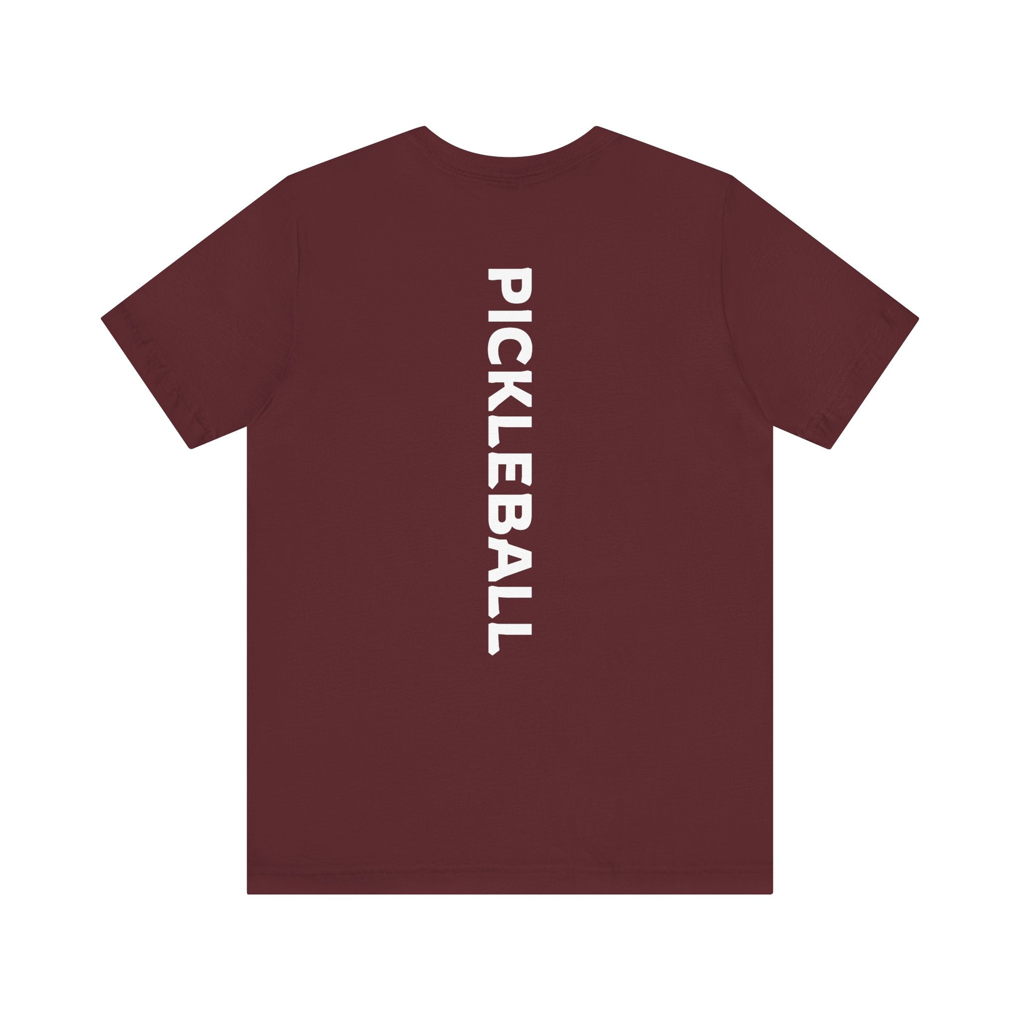 Men's Retro Pickleball Action T-Shirt with front silhouette and vertical "PICKLEBALL" text on the back, by Printify.