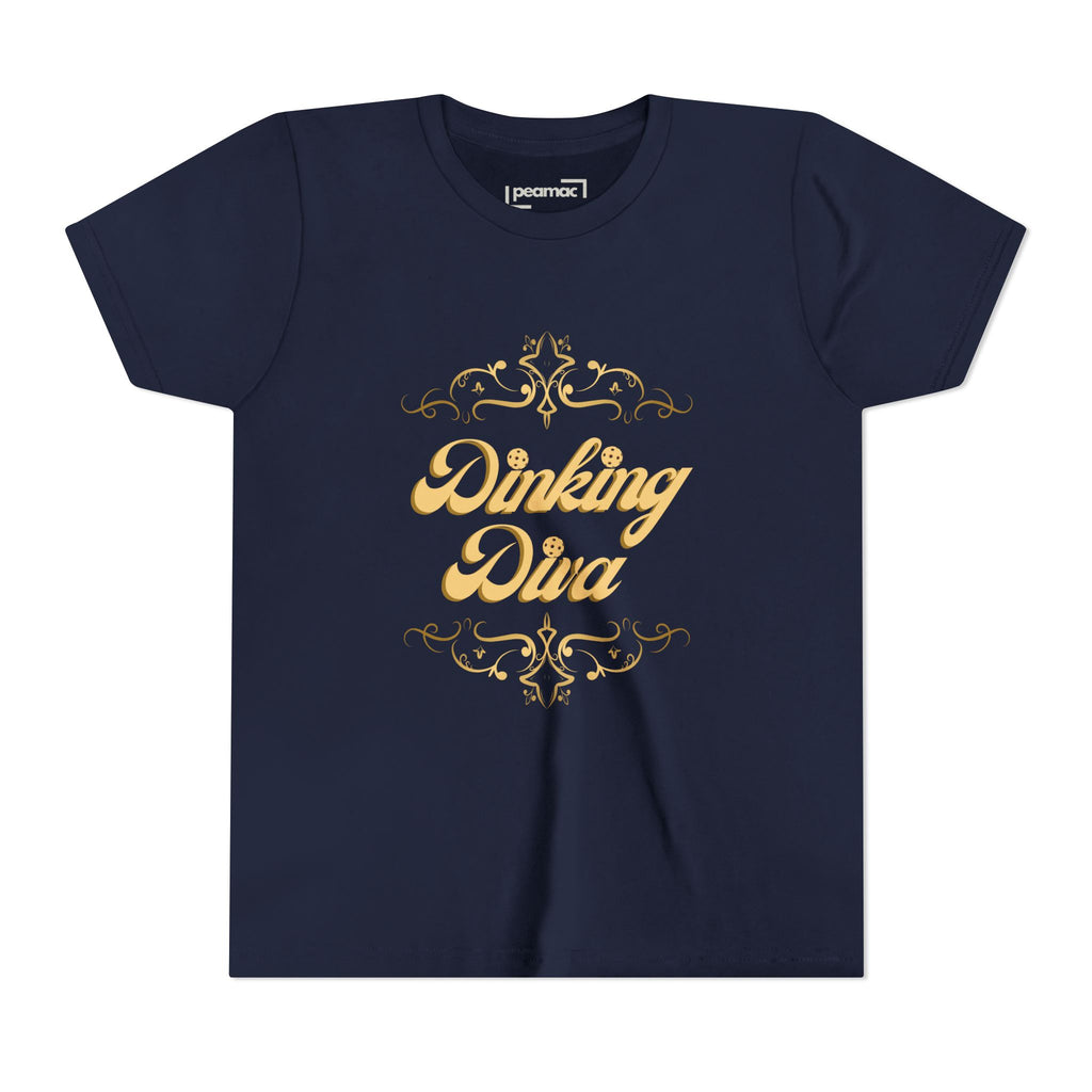 Kids' Youth Dinking Diva T-Shirt by Printify with gold filigree pickleball graphic, casual kids' clothing for active play.