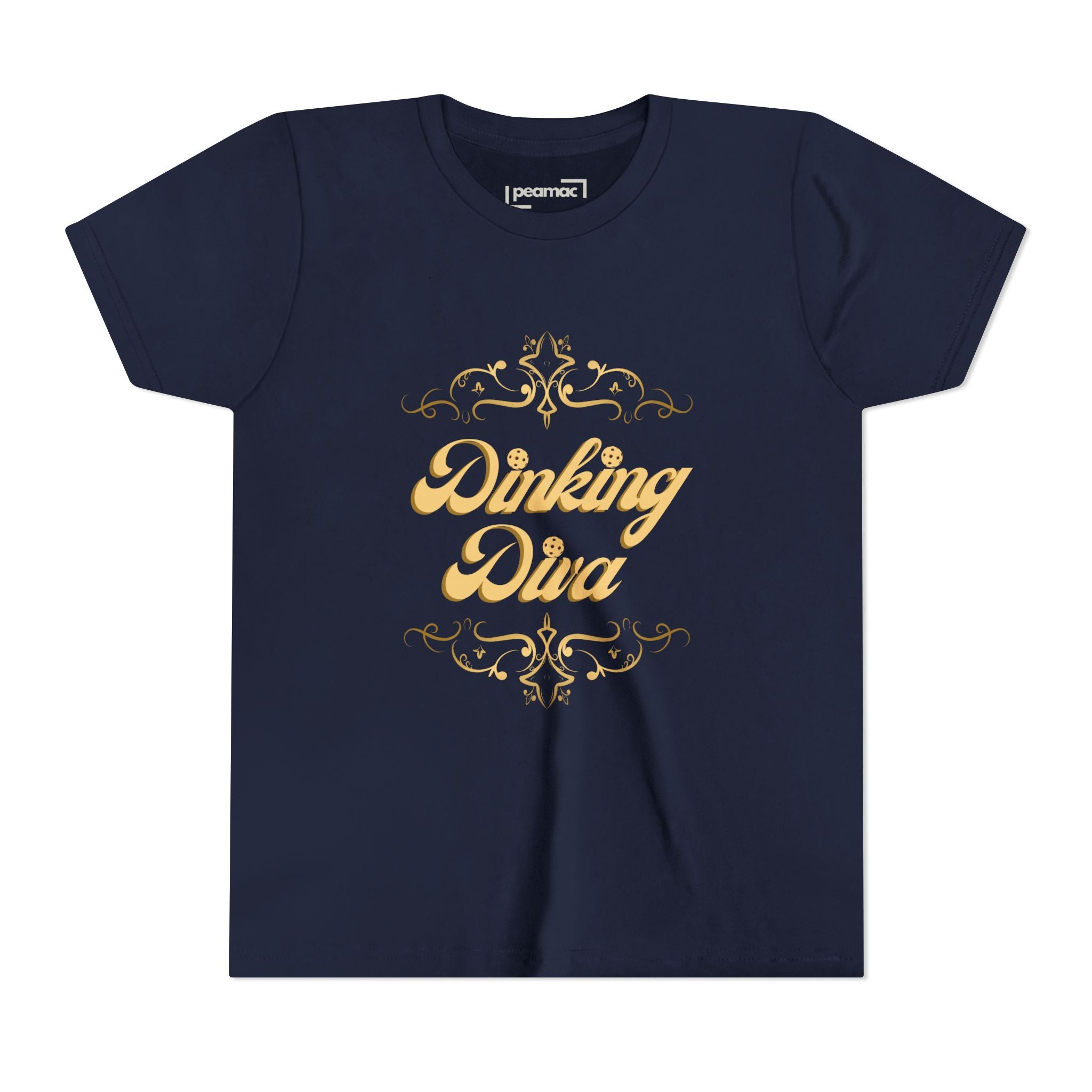 Kids' Youth Dinking Diva T-Shirt by Printify with gold filigree pickleball graphic, casual kids' clothing for active play.
