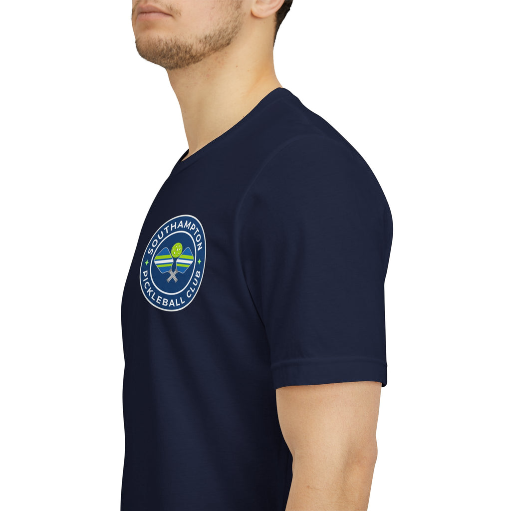 Personalized pickleball T-shirt by Printify with custom name sleeve, club logo, and pickleball graphic on the back.