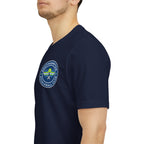 Personalized pickleball T-shirt by Printify with custom name sleeve, club logo, and pickleball graphic on the back.