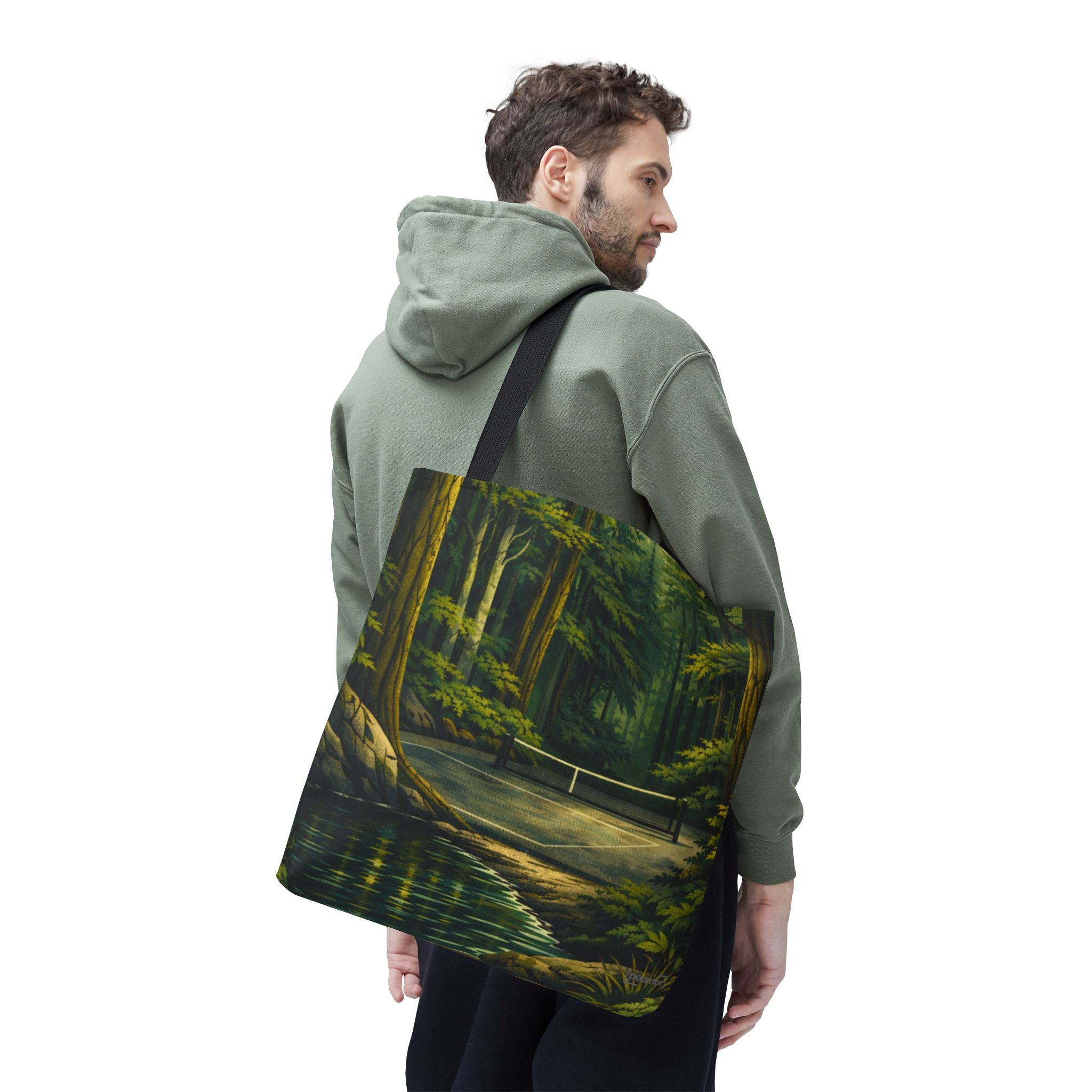 Large tote bag featuring a scenic woodland landscape with a hidden pickleball court, all-over print by Printify.