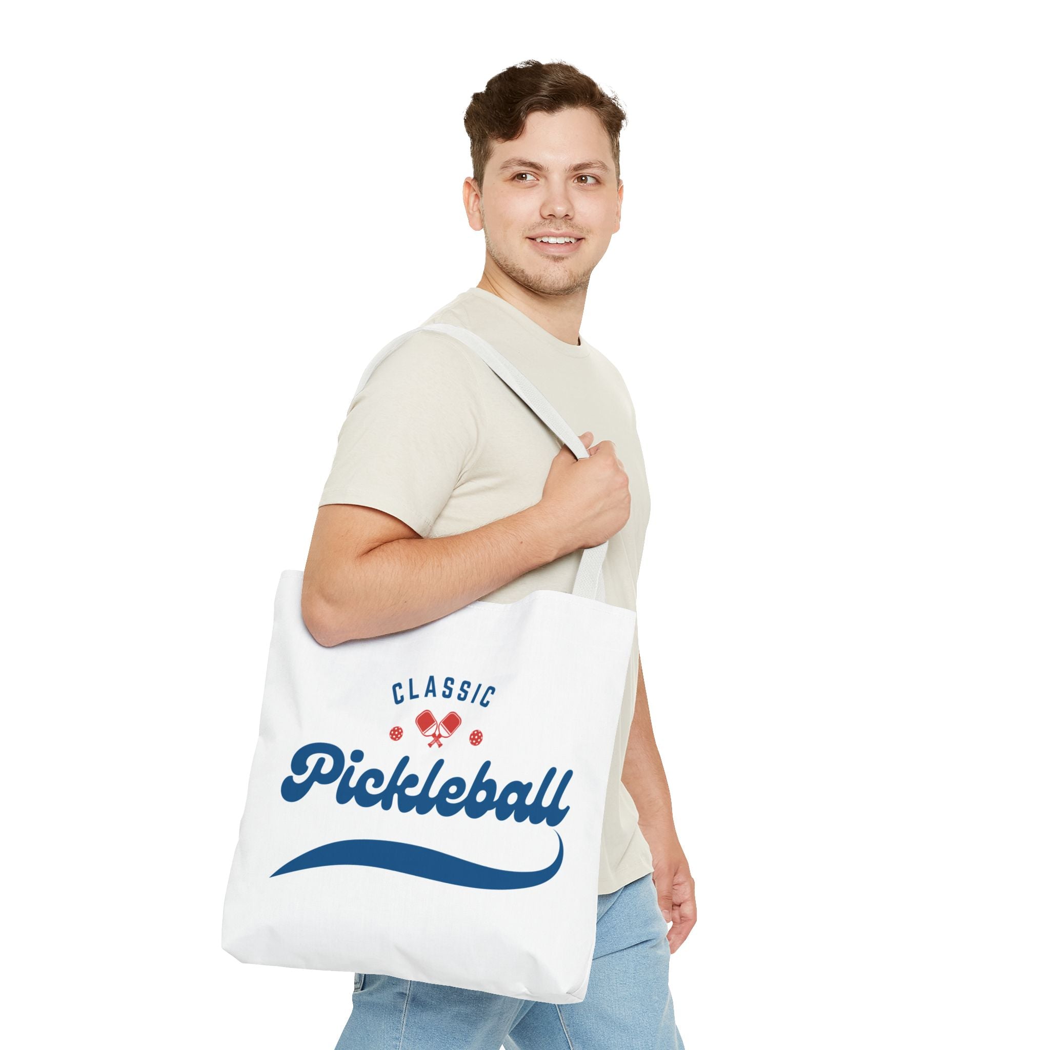 Large Pickleball tote bag by Printify with red and blue design, rugged shoulder bag for gear, 18x18 inches, spacious and durable.