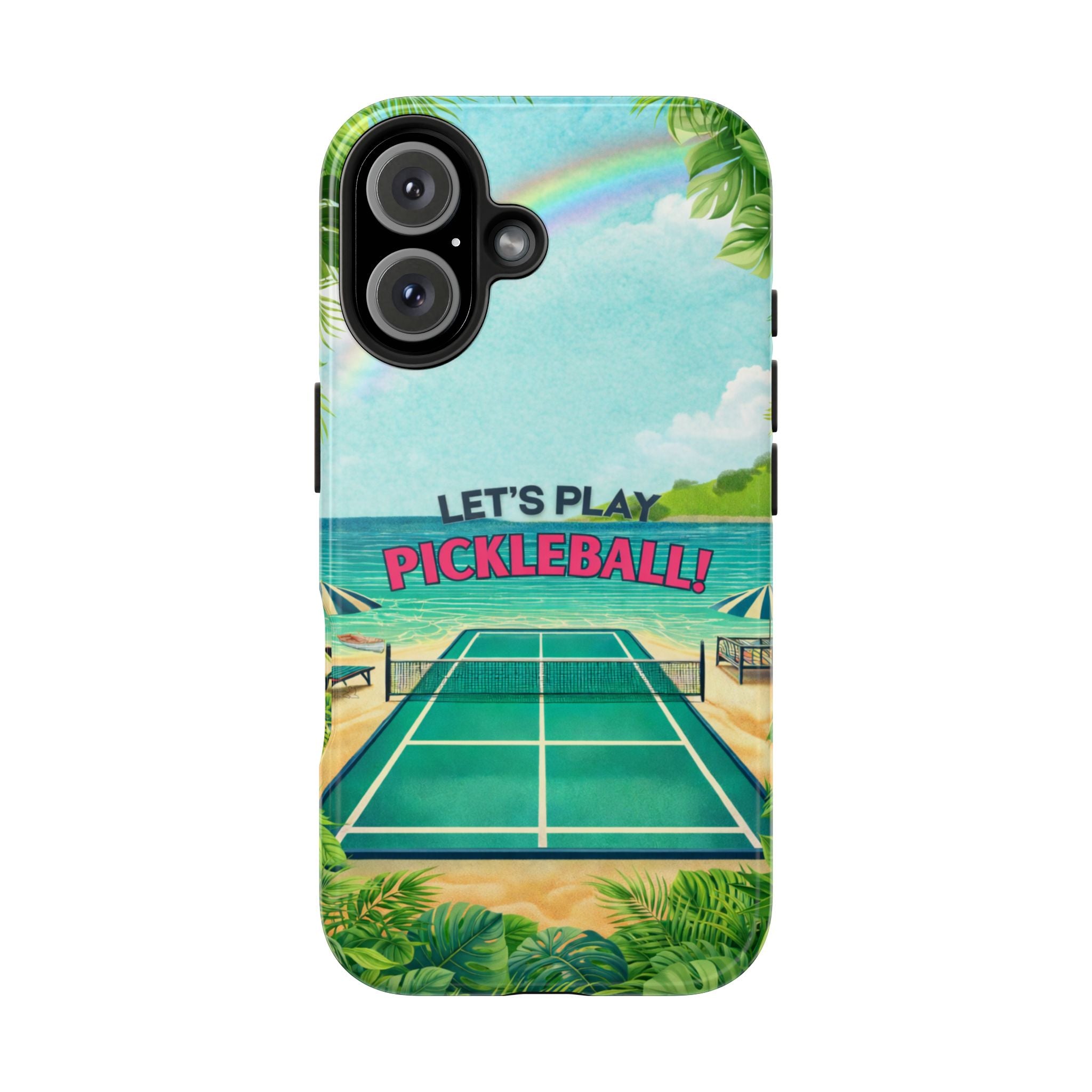 Let's Play Pickleball! Tropical Tough Phone Case | Supports Wireless Charging | Compatible with iPhone and Samsung smartphones
