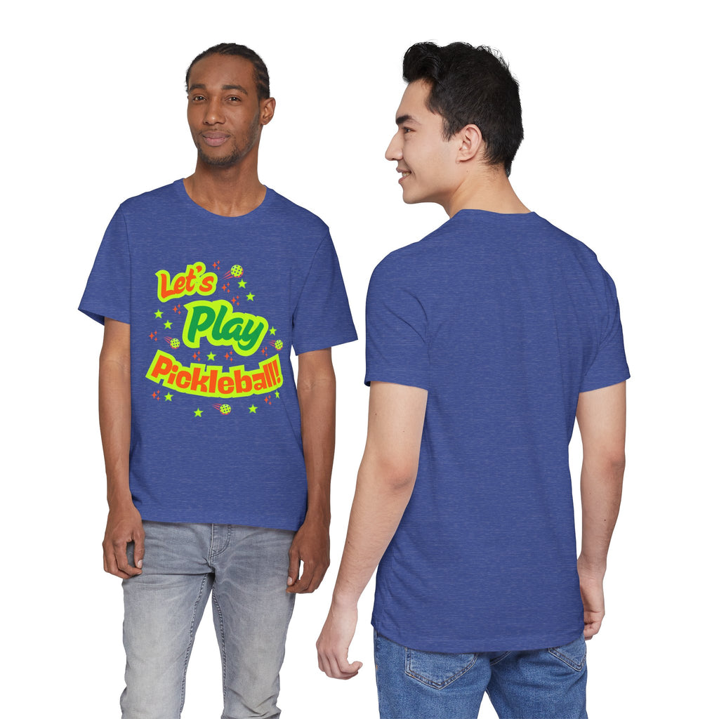 Neon orange and electric green pickleball rally T-shirt with court graphic, made by Printify, casual athletic wear for pickleball enthusiasts