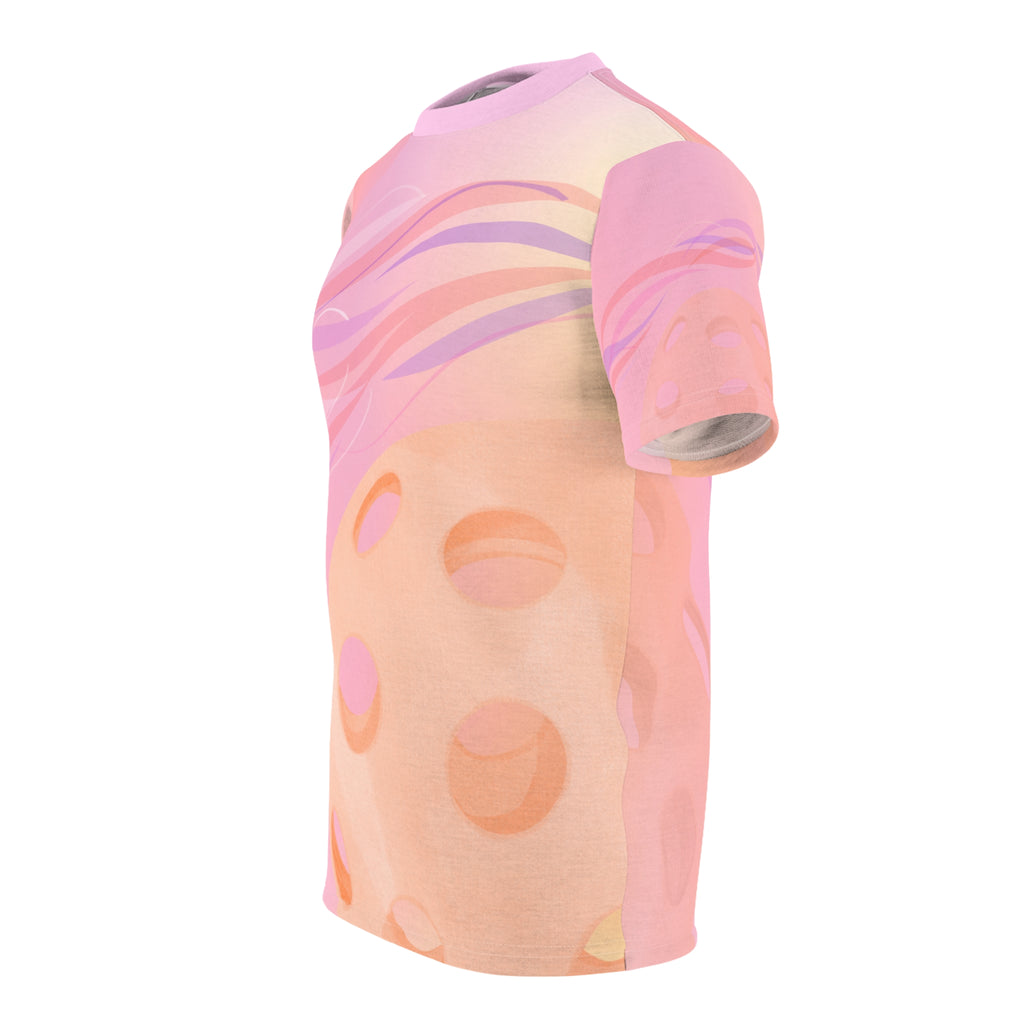 All-over print July Sunset Pickleball Tee by Printify, moisture-wicking unisex t-shirt with vibrant sunset design.