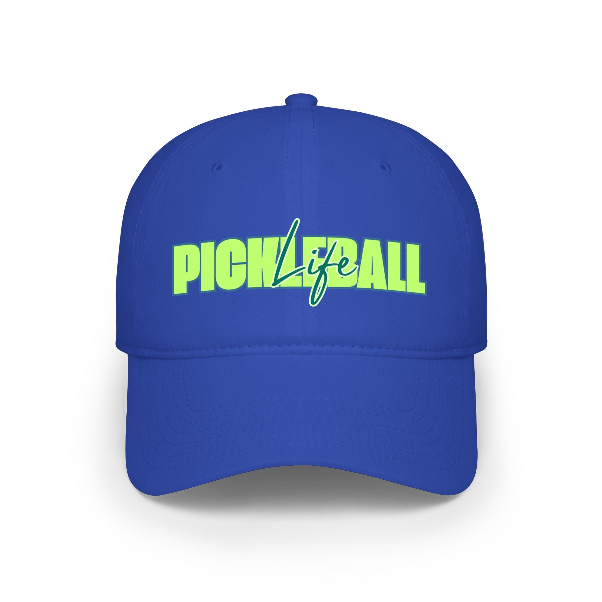 Green and blue script logo on a low-profile baseball cap by Pickleball Life, made by Printify, with a curved brim and adjustable strap.