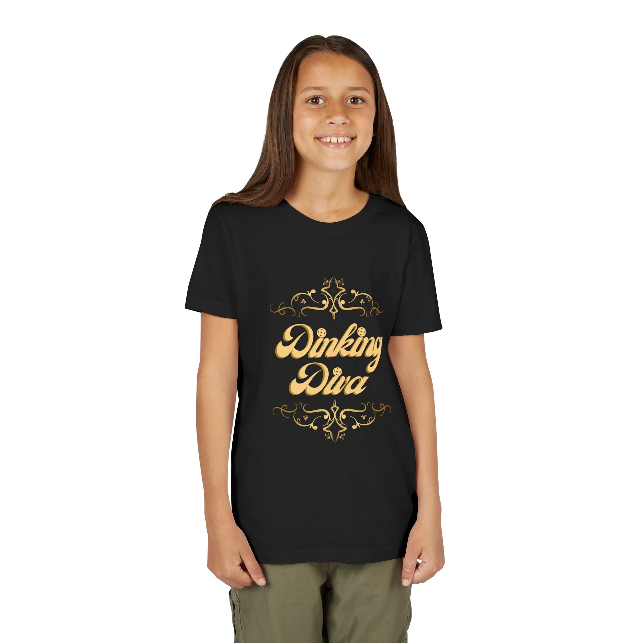 Youth Dinking Diva T-shirt featuring gold filigree pickleball graphic, colorful kids' clothing by Printify.