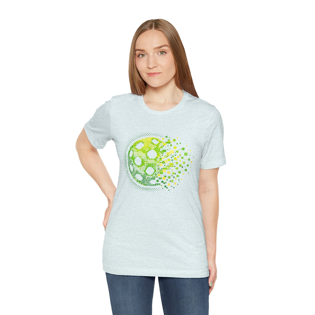 Green Pixelated Pickleball Tee with retro court graphic, casual T-shirt by Printify.