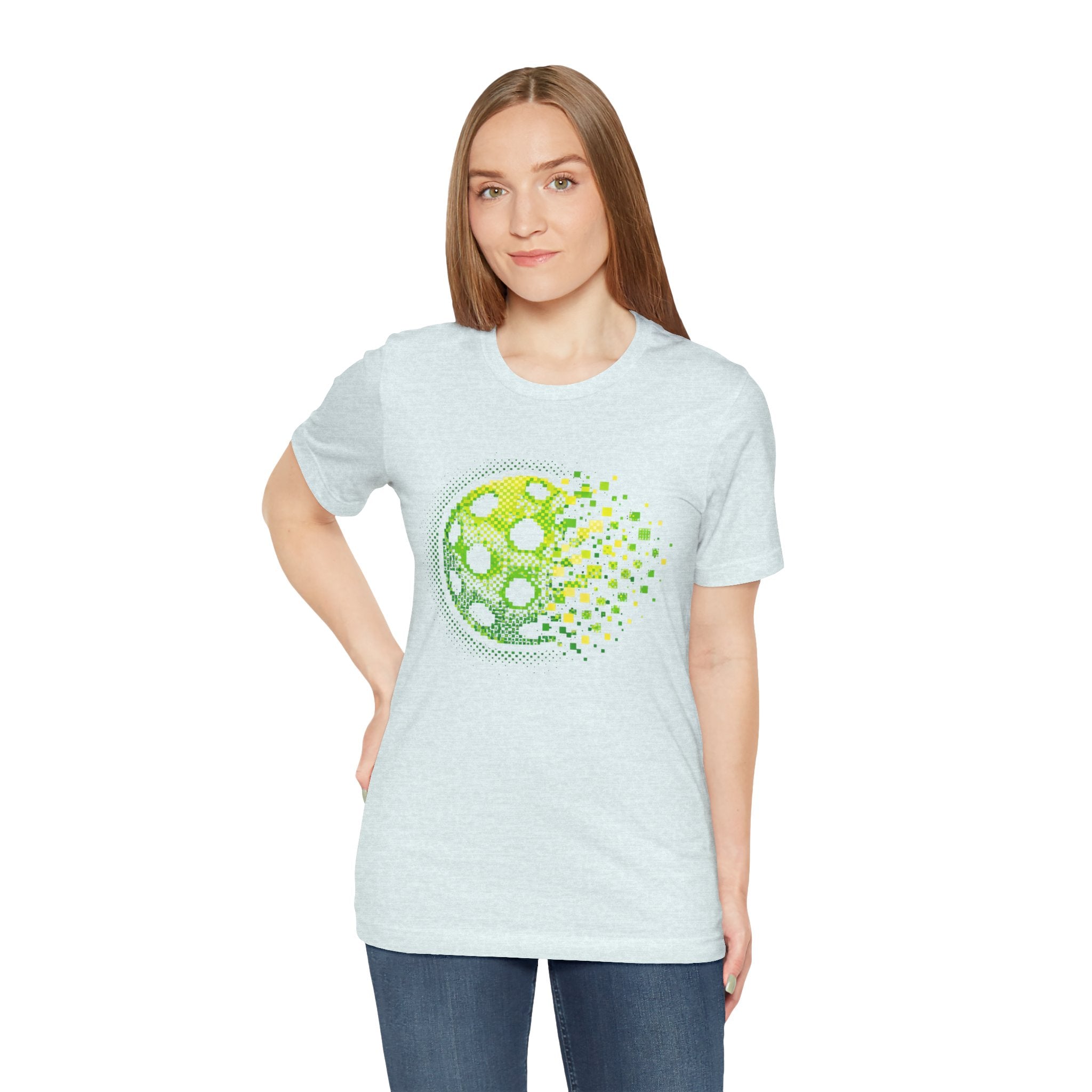 Green Pixelated Pickleball Tee with retro court graphic, casual T-shirt by Printify.