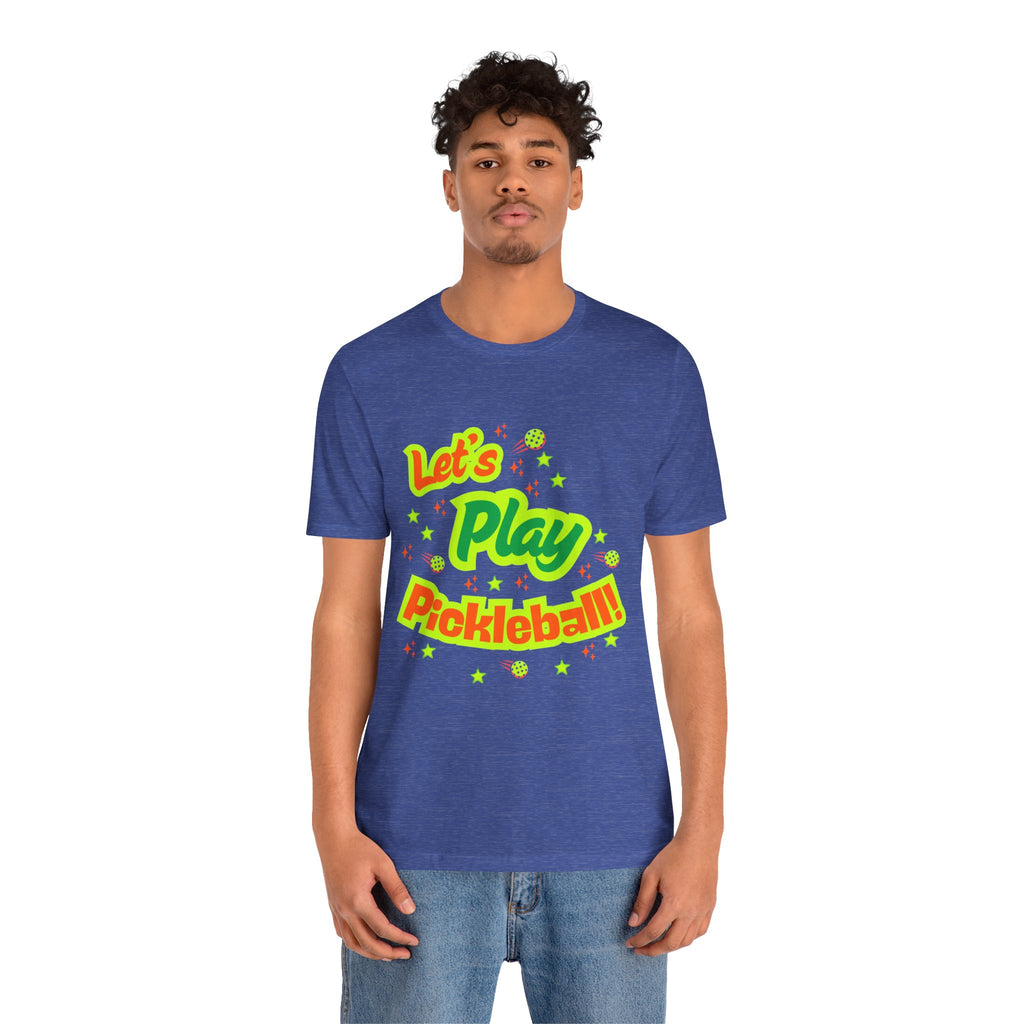 Neon orange and electric green pickleball rally T-shirt with court graphic from Printify, casual sportswear for active wear.