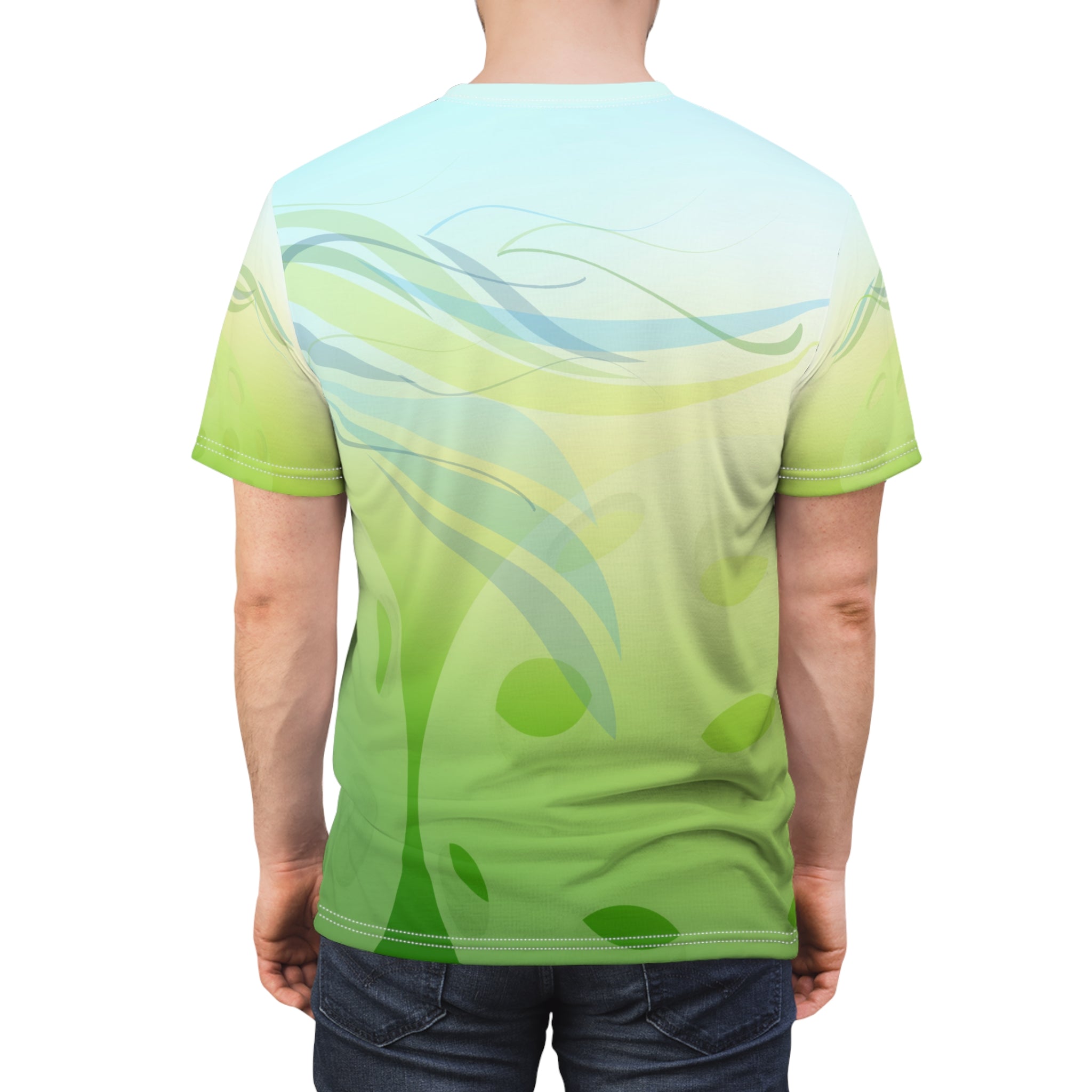 Unisex green leaf wave pickleball summer breeze tee with all-over print, featuring vibrant green and white leaf design.
