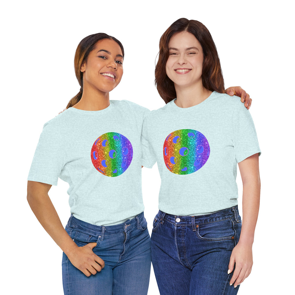 Rainbow glitter pickleball pride T-shirt featuring bold "Sparkle Loud and Proud" text, colorful design, and comfortable fit.