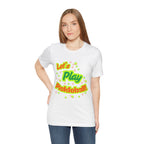 Neon orange and electric green Pickleball Rally T-Shirt with court graphic, casual fit, by Printify.