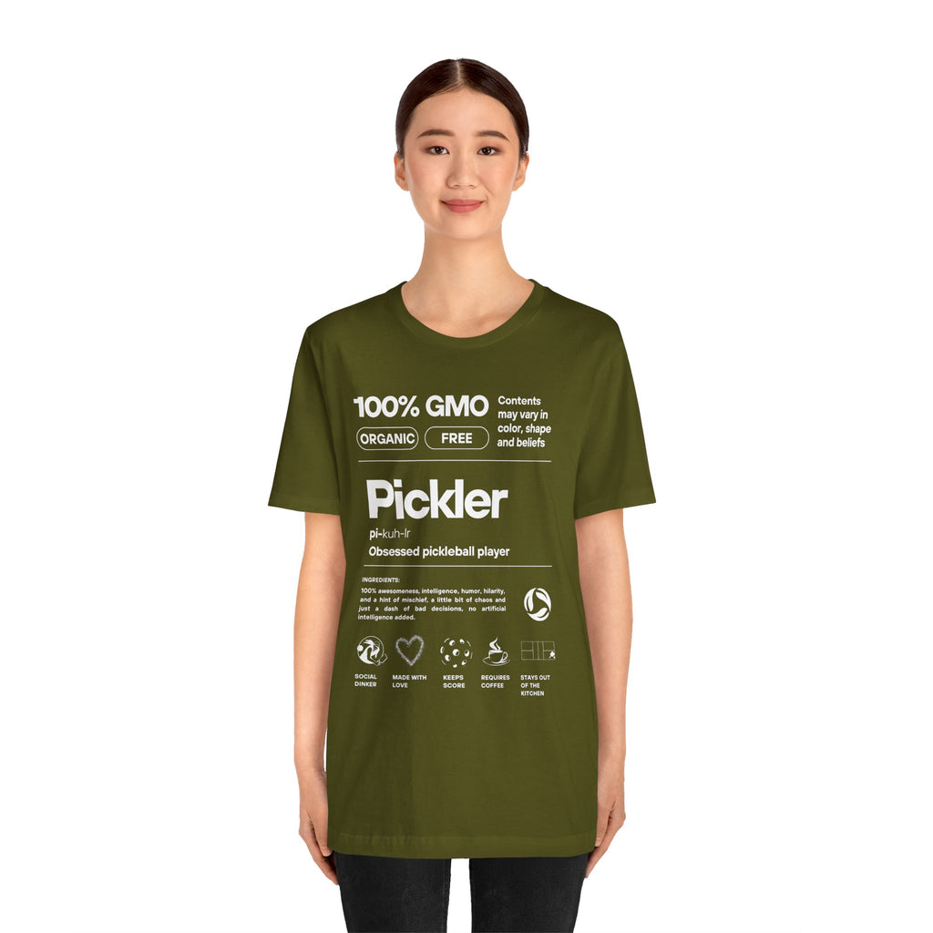 Women's Pickler Funny Definitions T-Shirt with white text, lightweight activewear featuring playful pickleball-themed print.