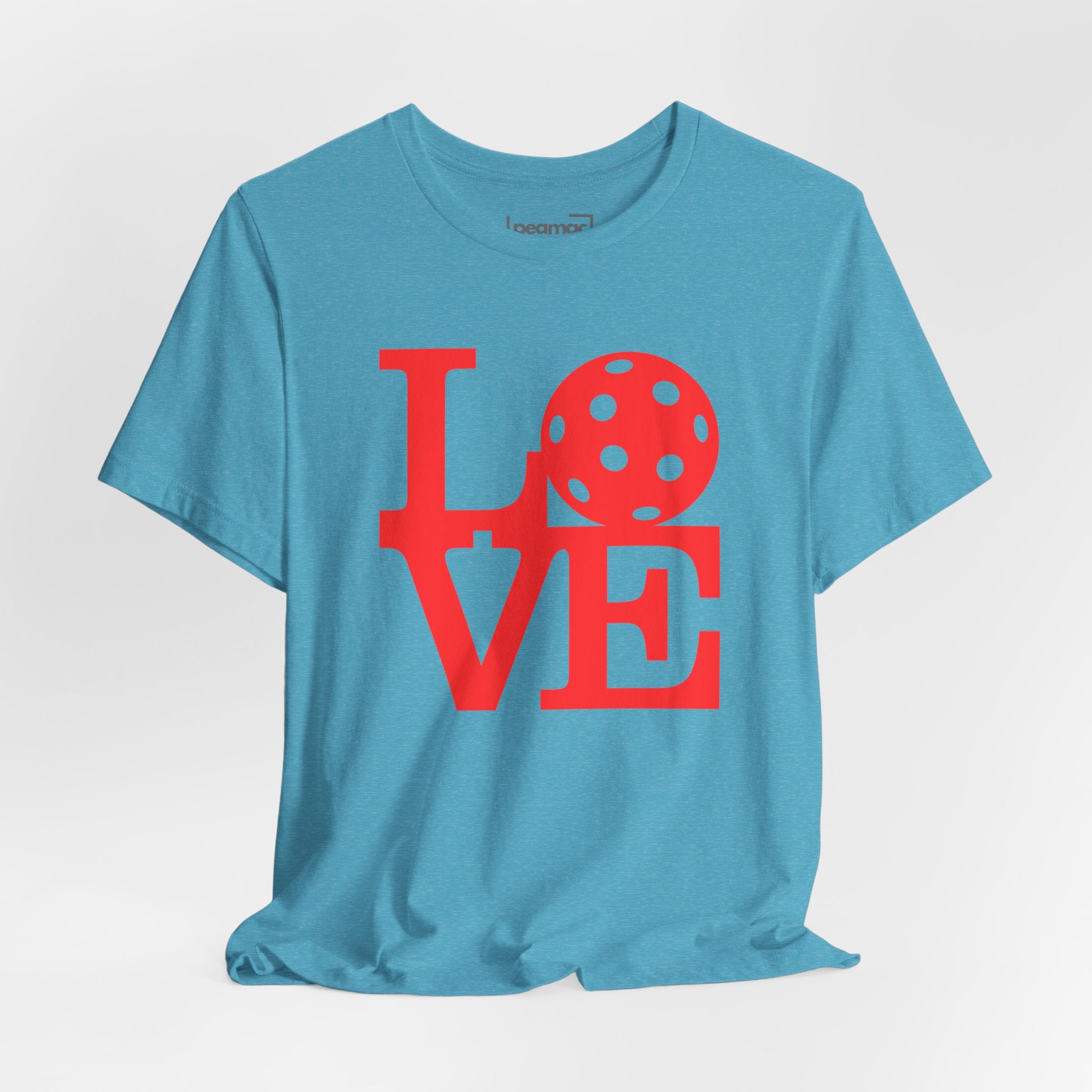 Bold red LOVE Pickleball graphic T-shirt by Printify featuring pop art design, casual crew neck style for sports or everyday wear.