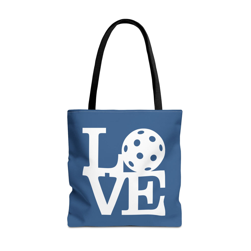 River Blue Pickleball LOVE tote bag by Printify featuring a colorful LOVE design, ideal for carrying sports gear and everyday essentials.