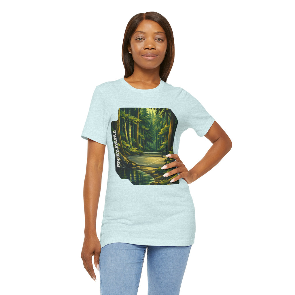 Unisex Hidden Forest Pickleball T-Shirt with Bainbridge Island Tribute design, featuring a nature-inspired print on a comfortable cotton tee.