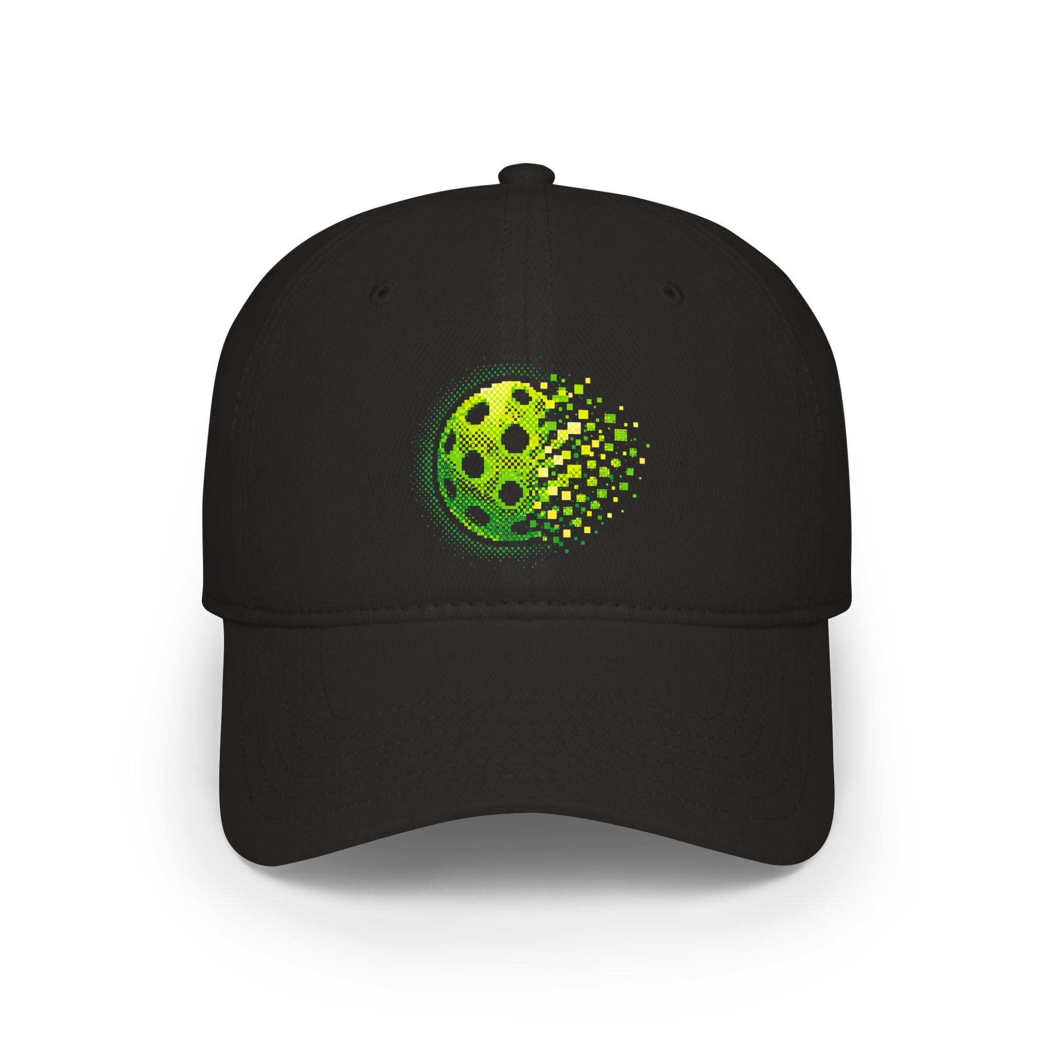 Pixelated Pickleball Cap in neon green, low profile cotton baseball hat by Printify, featuring a vibrant pixelated pickleball design.