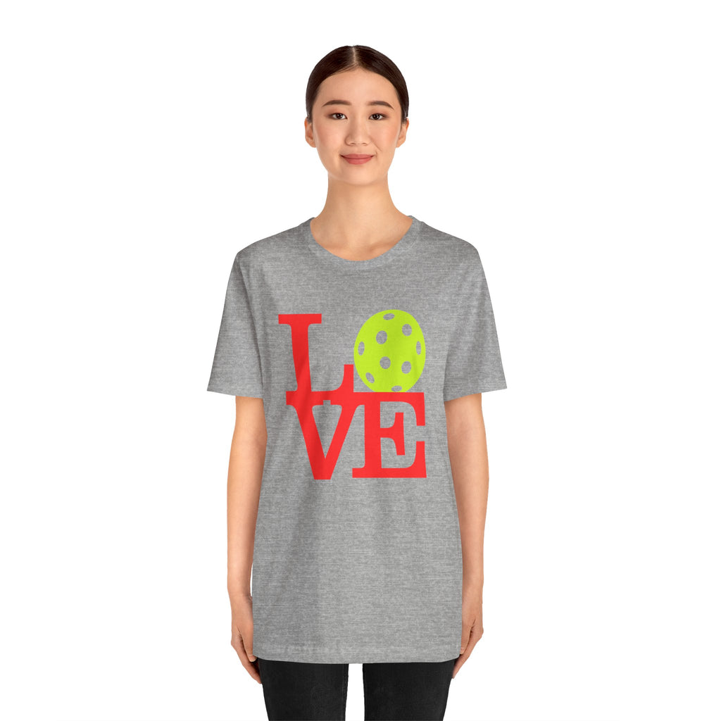 Neon pop art style Pickleball LOVE T-Shirt by Printify, featuring colorful design and casual fit on a premium cotton tee.