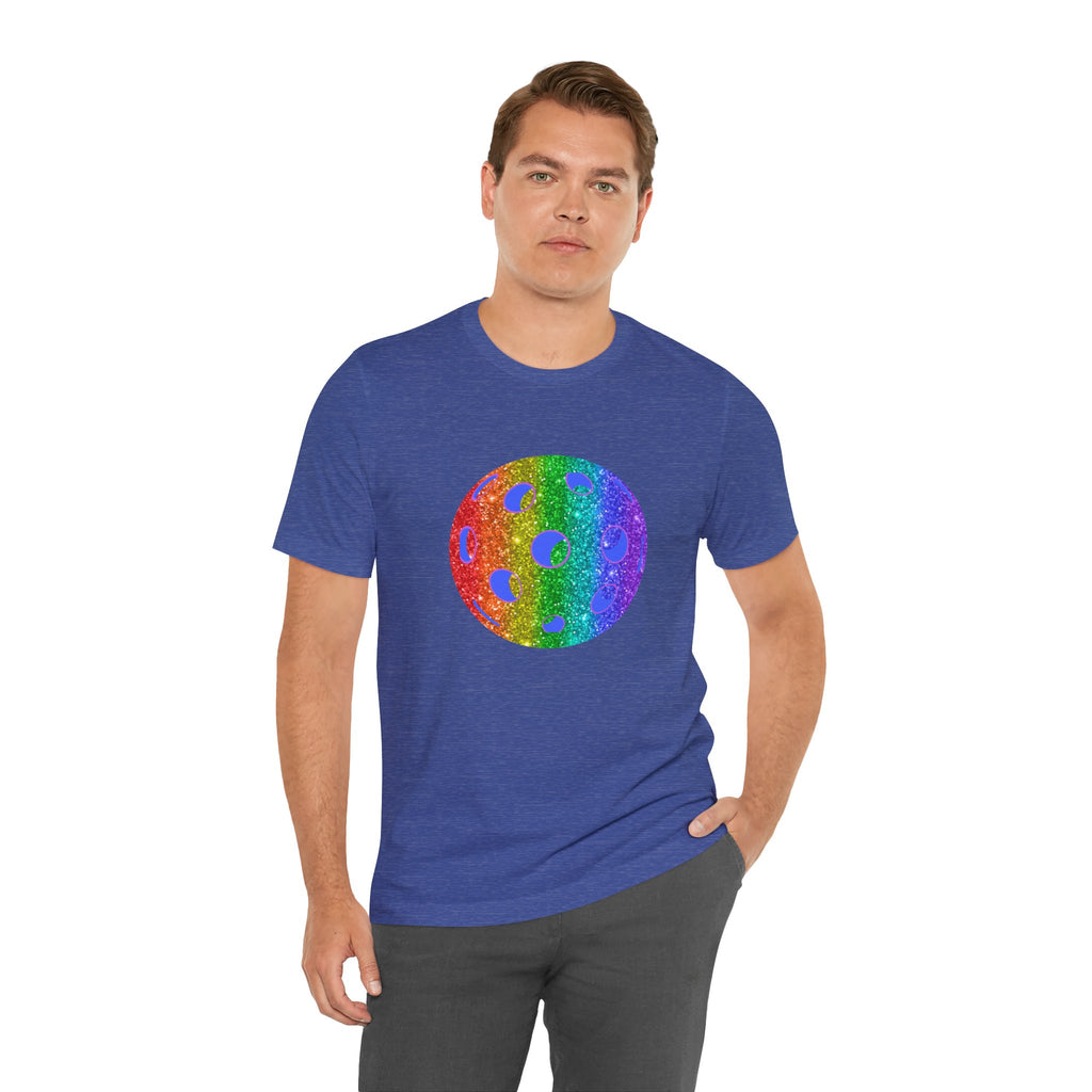 Rainbow glitter pickleball pride T-shirt by Printify featuring colorful, sparkly pickleball design on a comfortable fabric shirt.