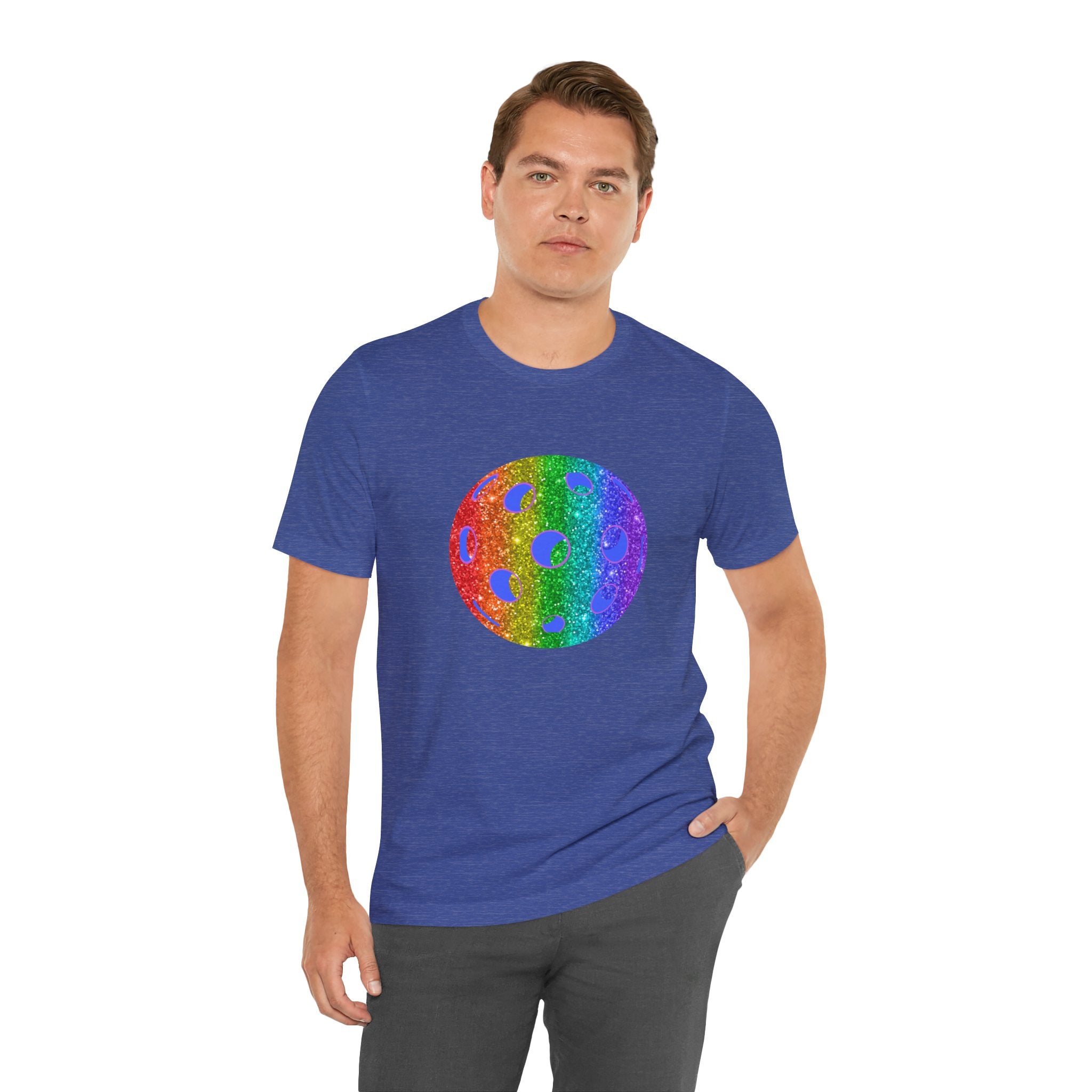 Rainbow glitter pickleball pride T-shirt by Printify featuring colorful, sparkly pickleball design on a comfortable fabric shirt.