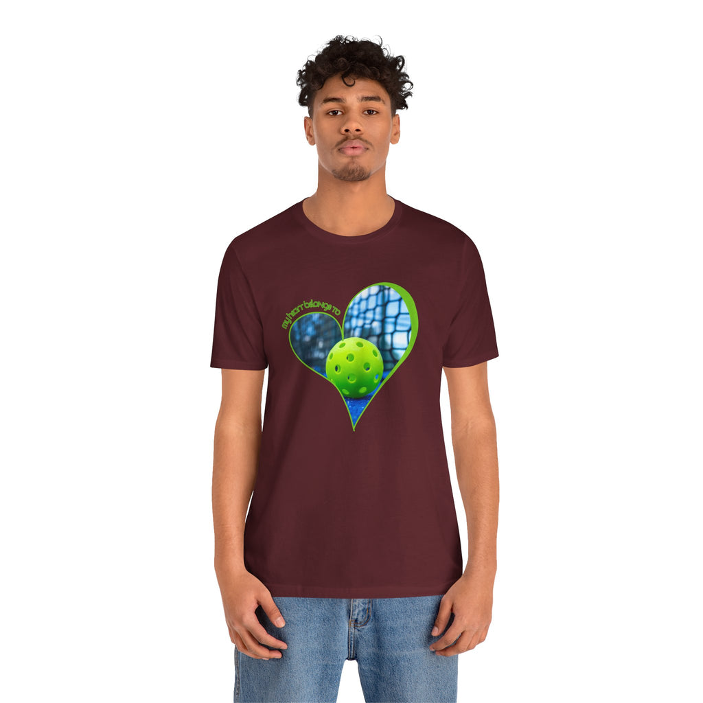 White Pickleball T-Shirt for players and fans with "My Heart Belongs to Pickleball" print, by Printify.