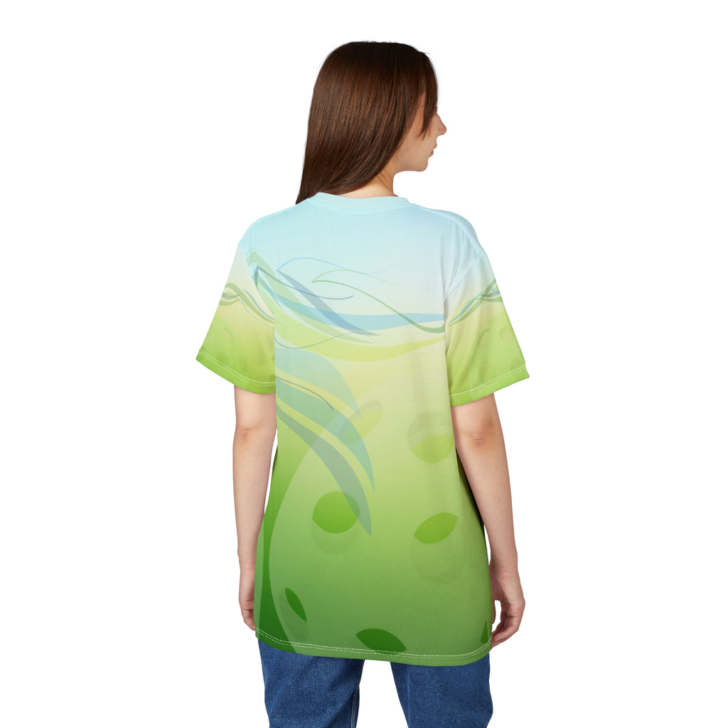 Unisex Pickleball Summer Breeze Tee with green leaf wave all-over print, moisture-wicking fabric, by Printify.