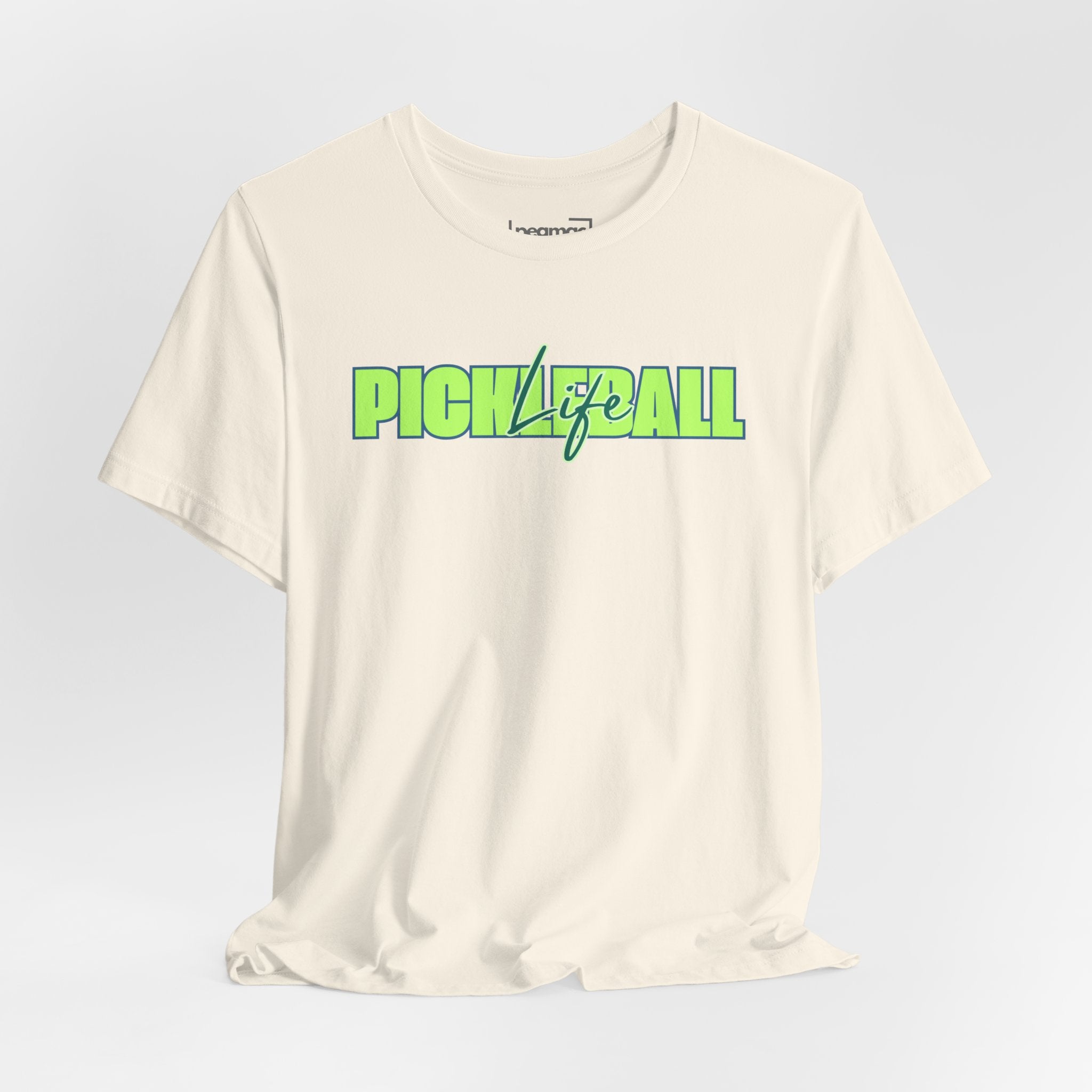 Unisex Pickleball Life T-shirt with bold green and blue graphic print, casual short-sleeve tee by Printify