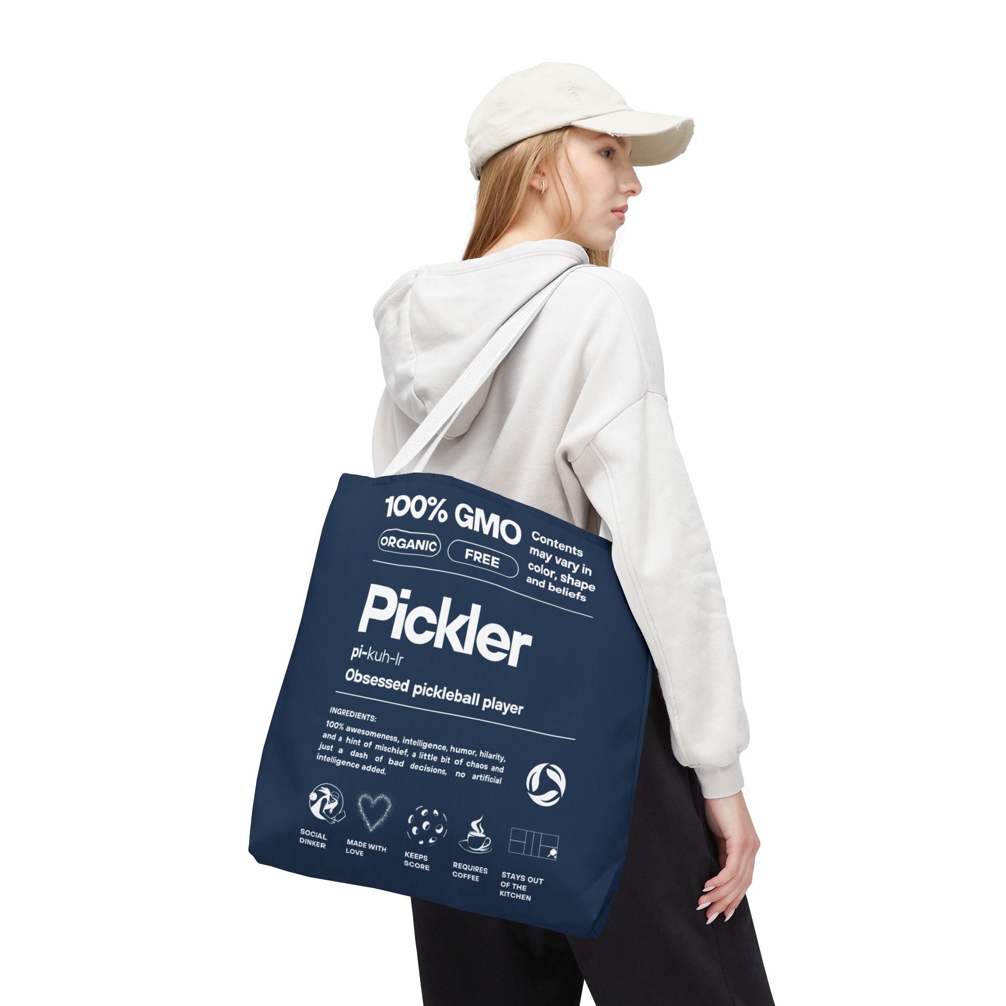 Pickler Tote Bag featuring pickleball design, 100% GMO-Free, stylish tote for female pickleball players, made by Printify.