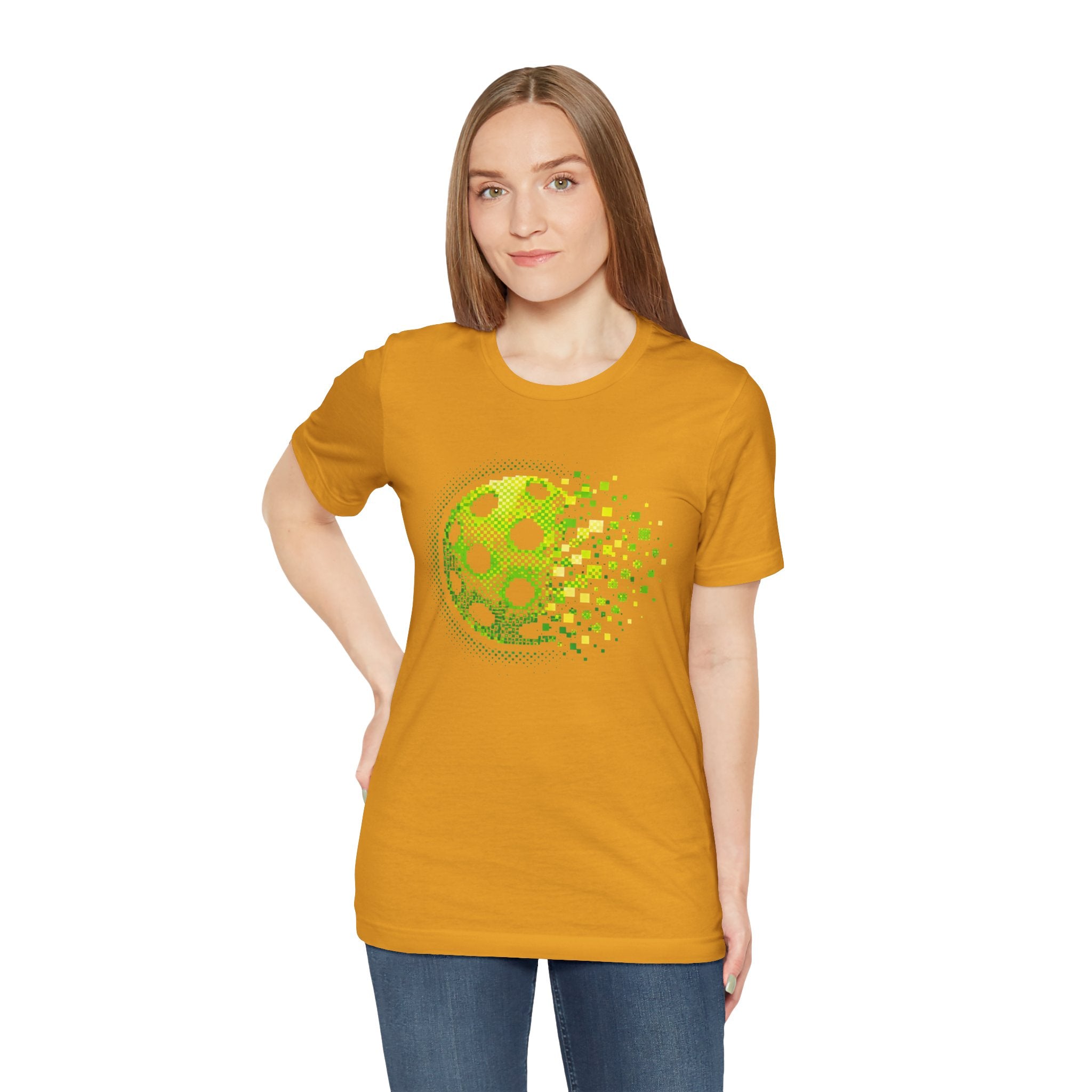 Green Pixelated Pickleball Tee featuring retro court graphic, casual T-shirt by Printify, perfect for pickleball enthusiasts.