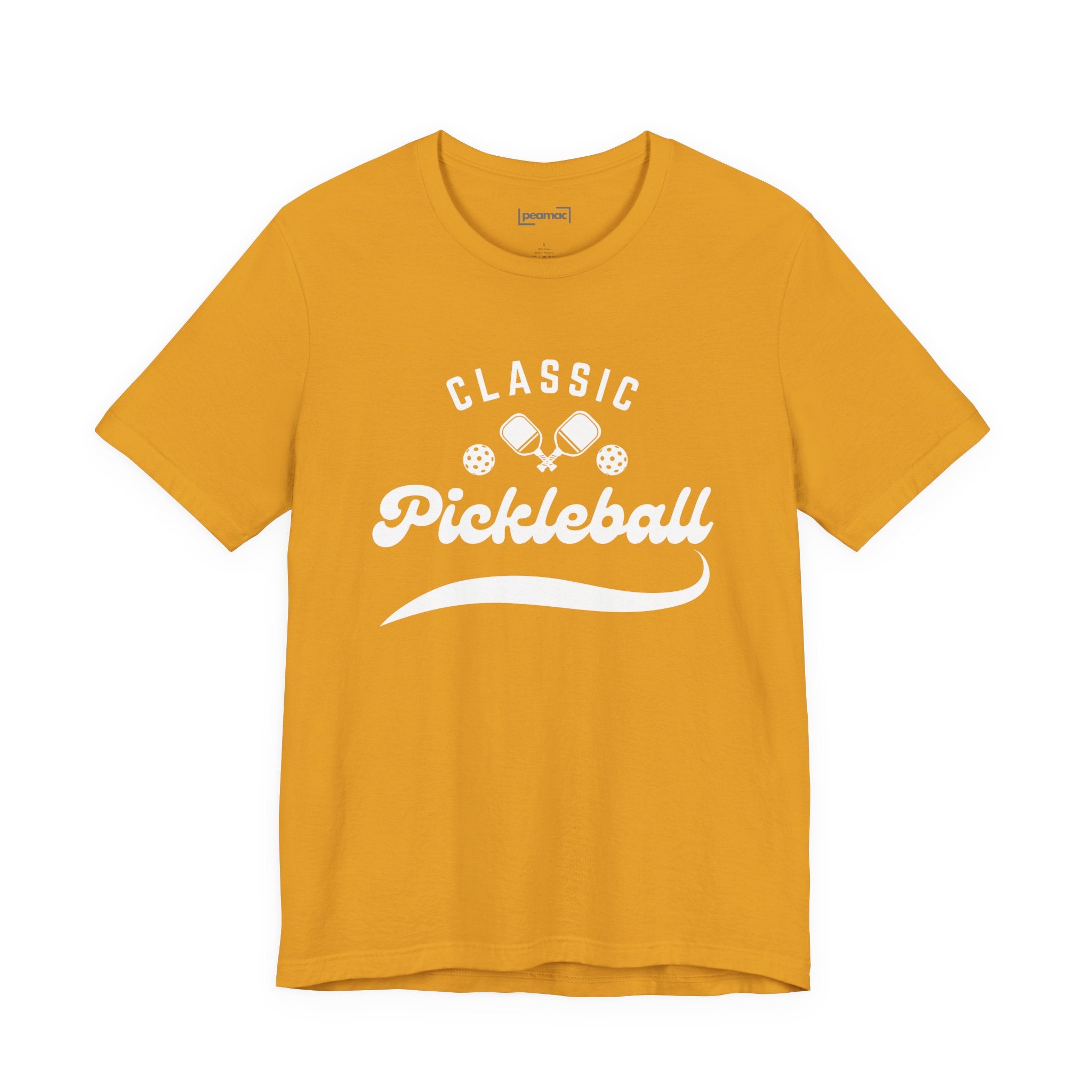 Classic Pickleball Tee by Printify featuring a "Pickleball" script design, lightweight cotton T-shirt for casual sportswear.