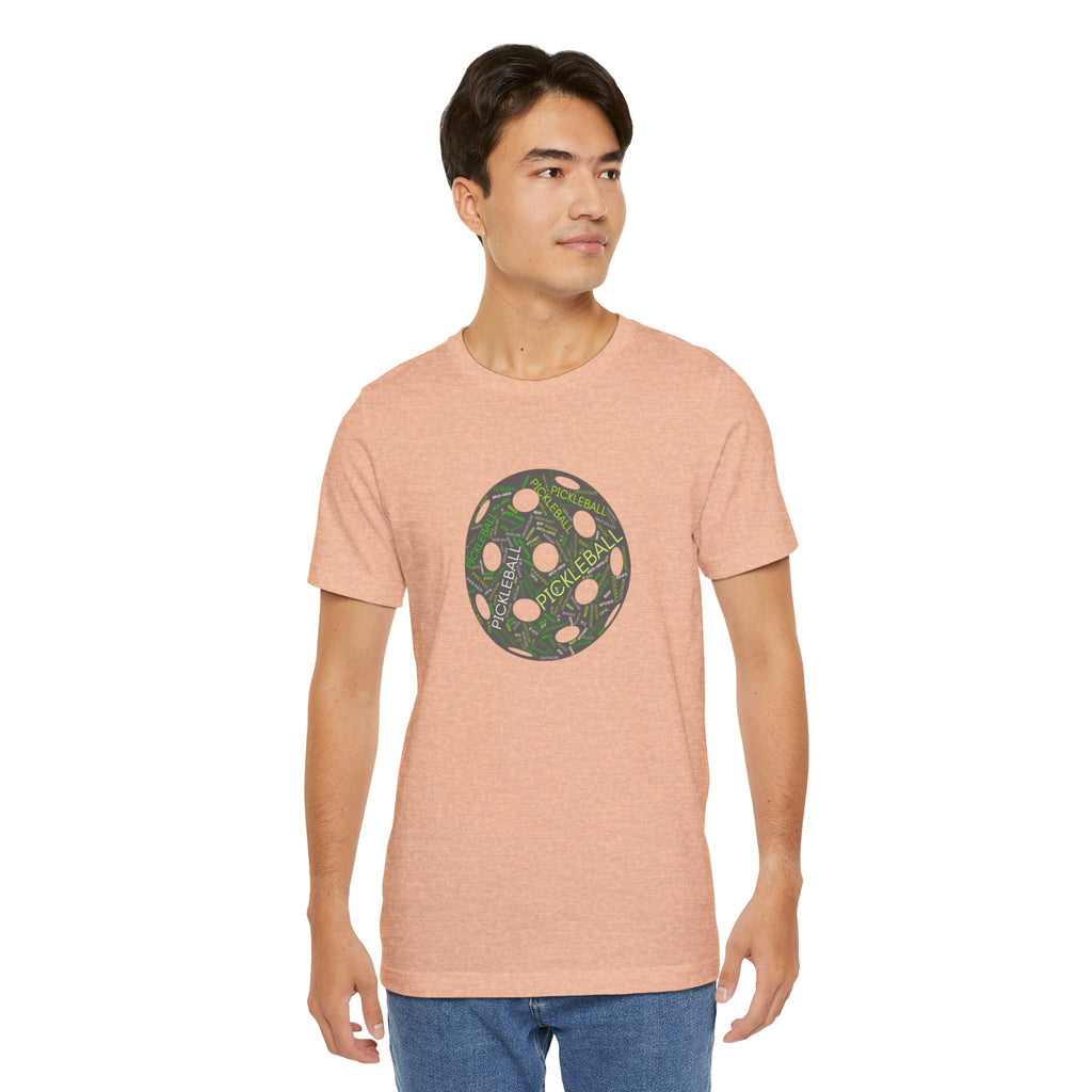 Pickleball Word Cloud T-shirt featuring pickleball-shaped graphic with words like dink, pickle, and kitchen on a casual tee.