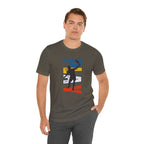 Men's Retro Pickleball Action T-Shirt with front silhouette and vertical 'PICKLEBALL' text on the back, by Printify.