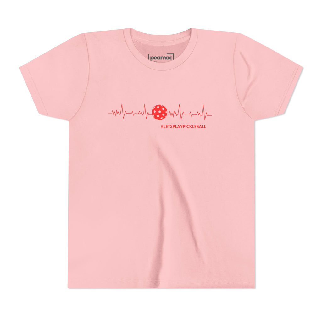 Kids' youth pickleball tee with heartbeat and LETS PLAY PICKLEBALL print, featuring colorful sports-themed design.