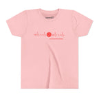 Kids' youth pickleball tee with heartbeat and LETS PLAY PICKLEBALL print, featuring colorful sports-themed design.