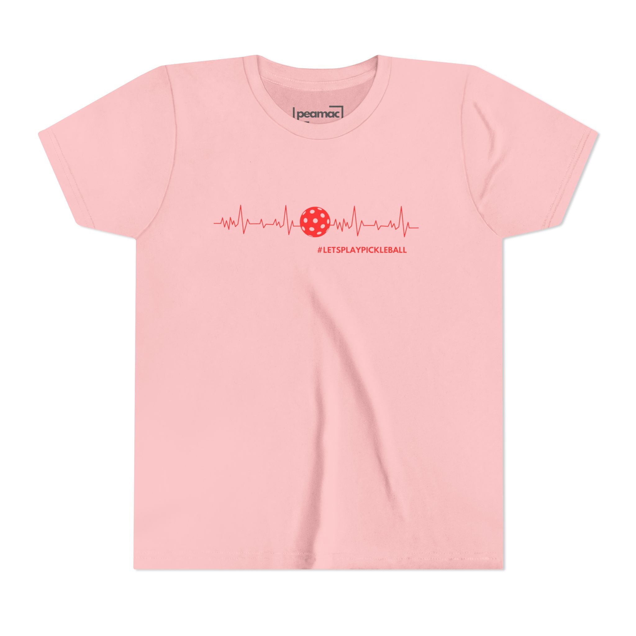 Kids' youth pickleball tee with heartbeat and LETS PLAY PICKLEBALL print, featuring colorful sports-themed design.