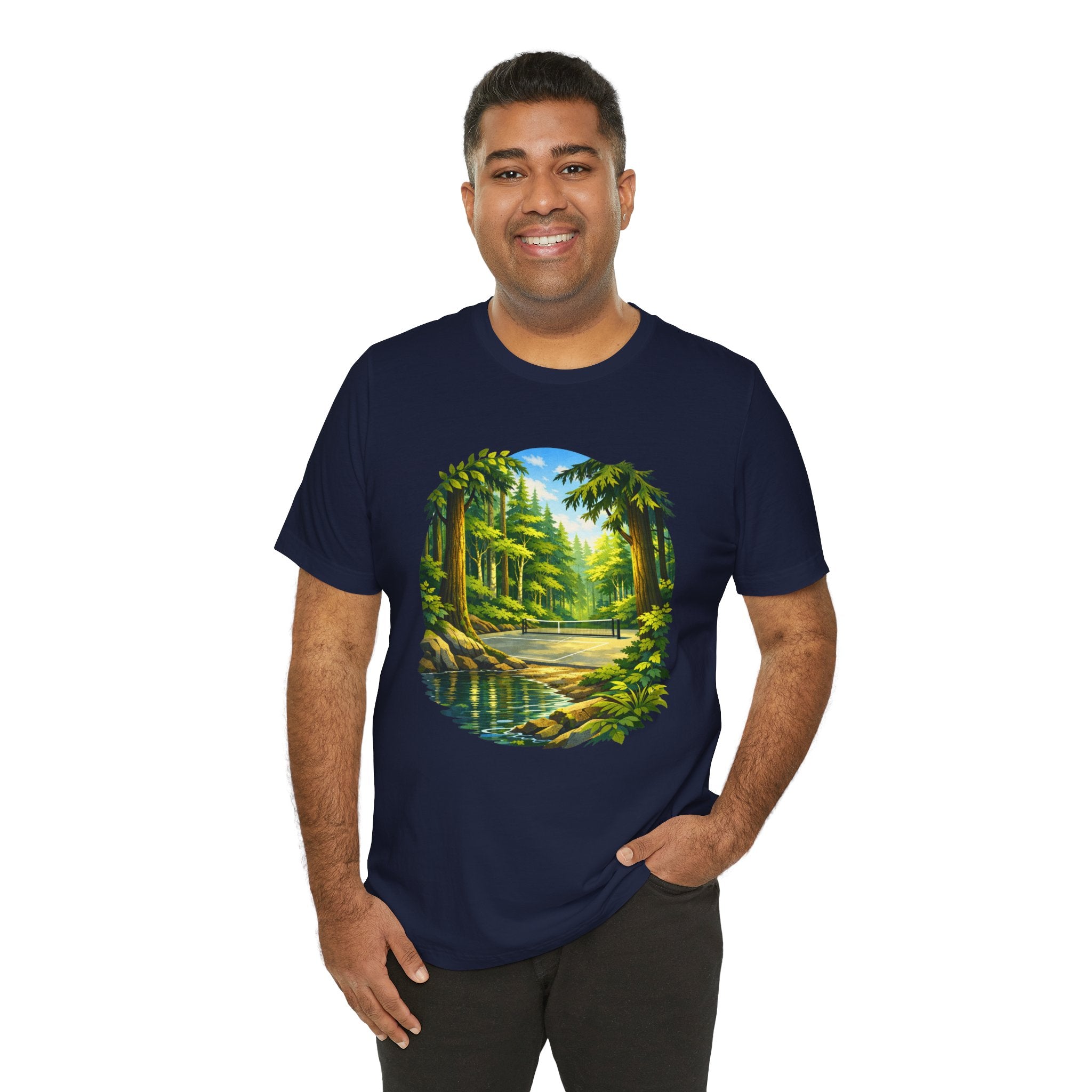 Hidden Forest Pickleball T-Shirt with Bainbridge Island tribute, unisex cotton tee featuring nature-inspired design.