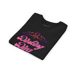 Pink Dinking Diva youth pickleball tee for kids by Printify featuring a stylish pink filigree pickleball design.
