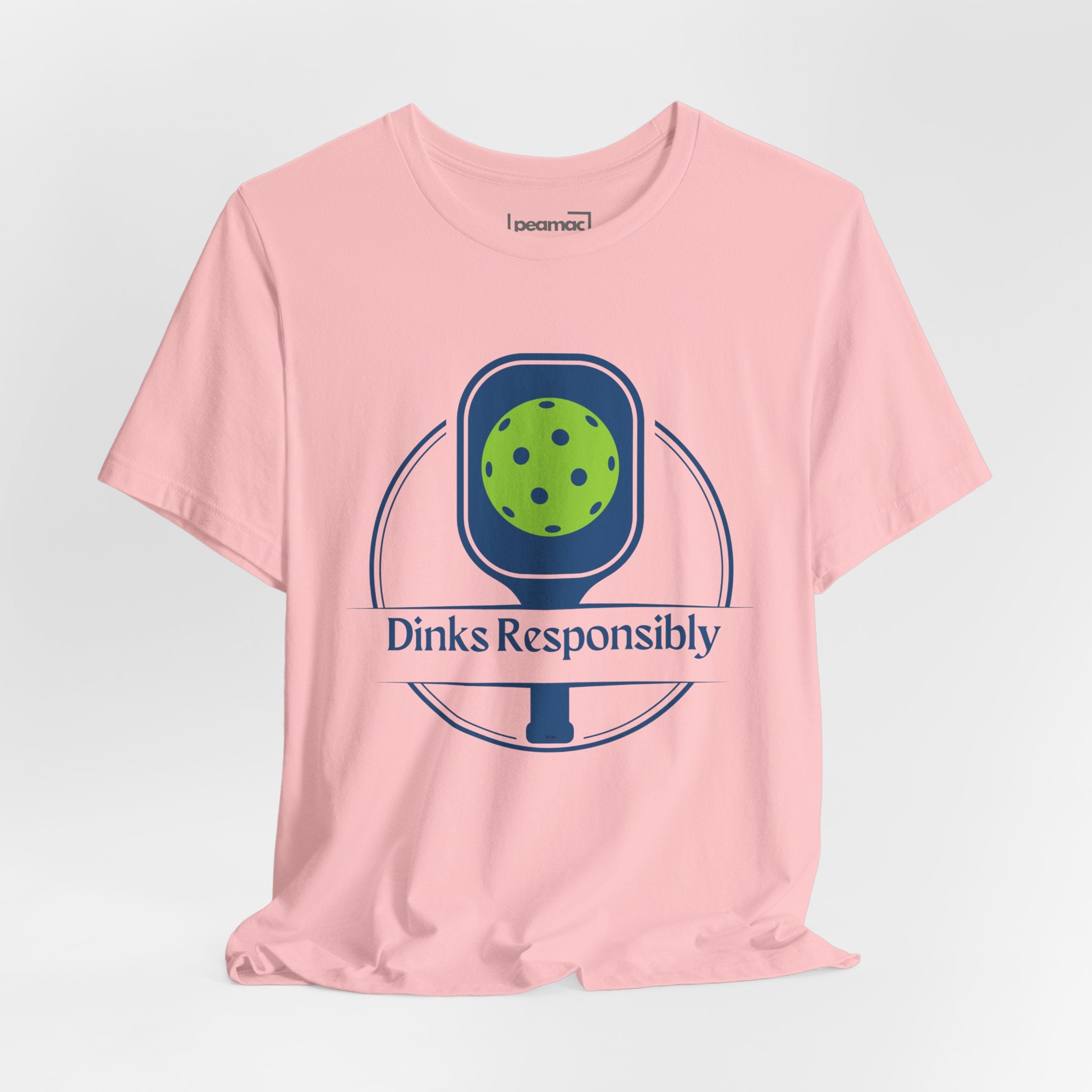 Dinks Responsibly pickleball T-shirt with paddle and ball graphic, humorous pickleball shirt by Printify, casual sportswear for players.