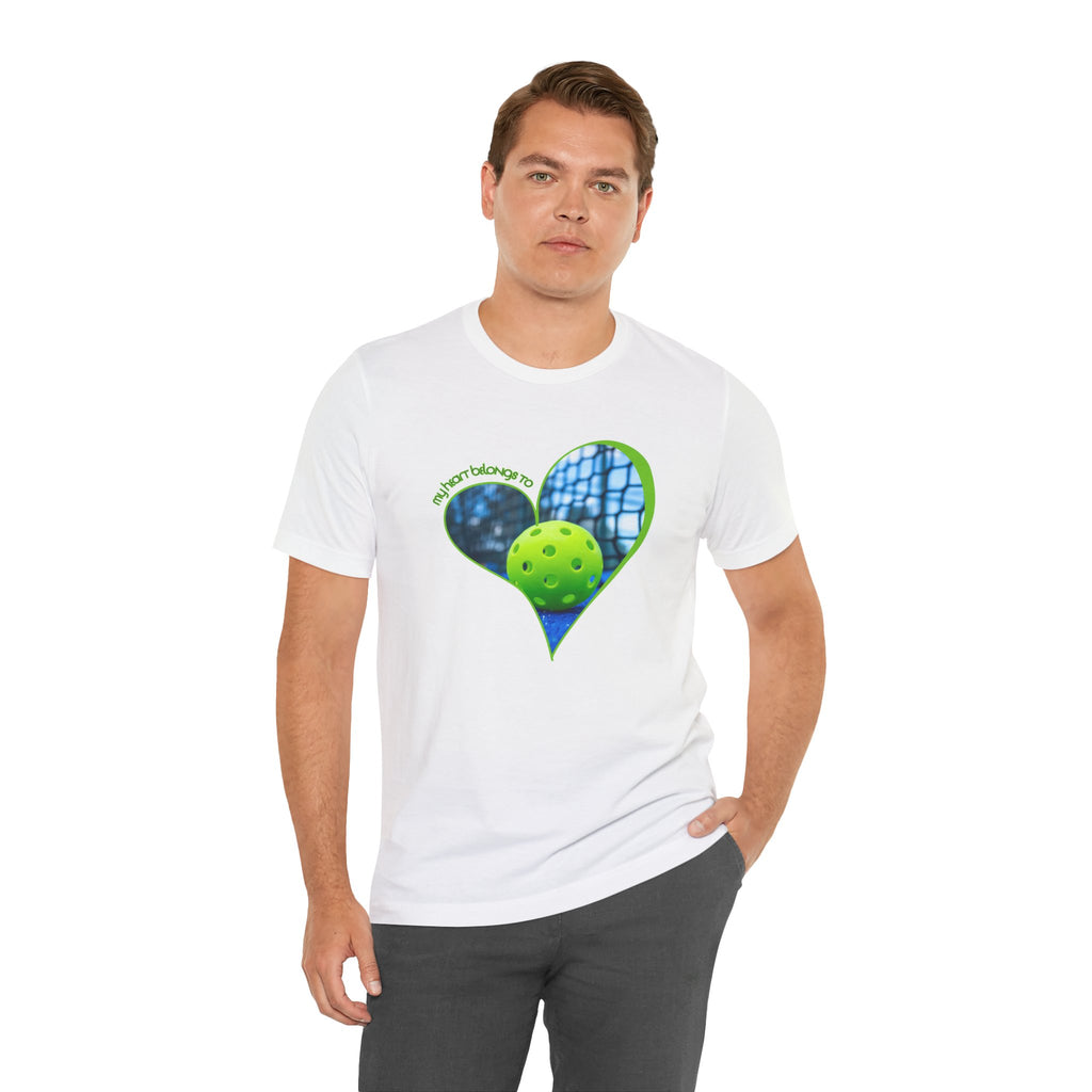 White Pickleball T-shirt with "My Heart Belongs to Pickleball" slogan, designed for players and fans, by Printify.