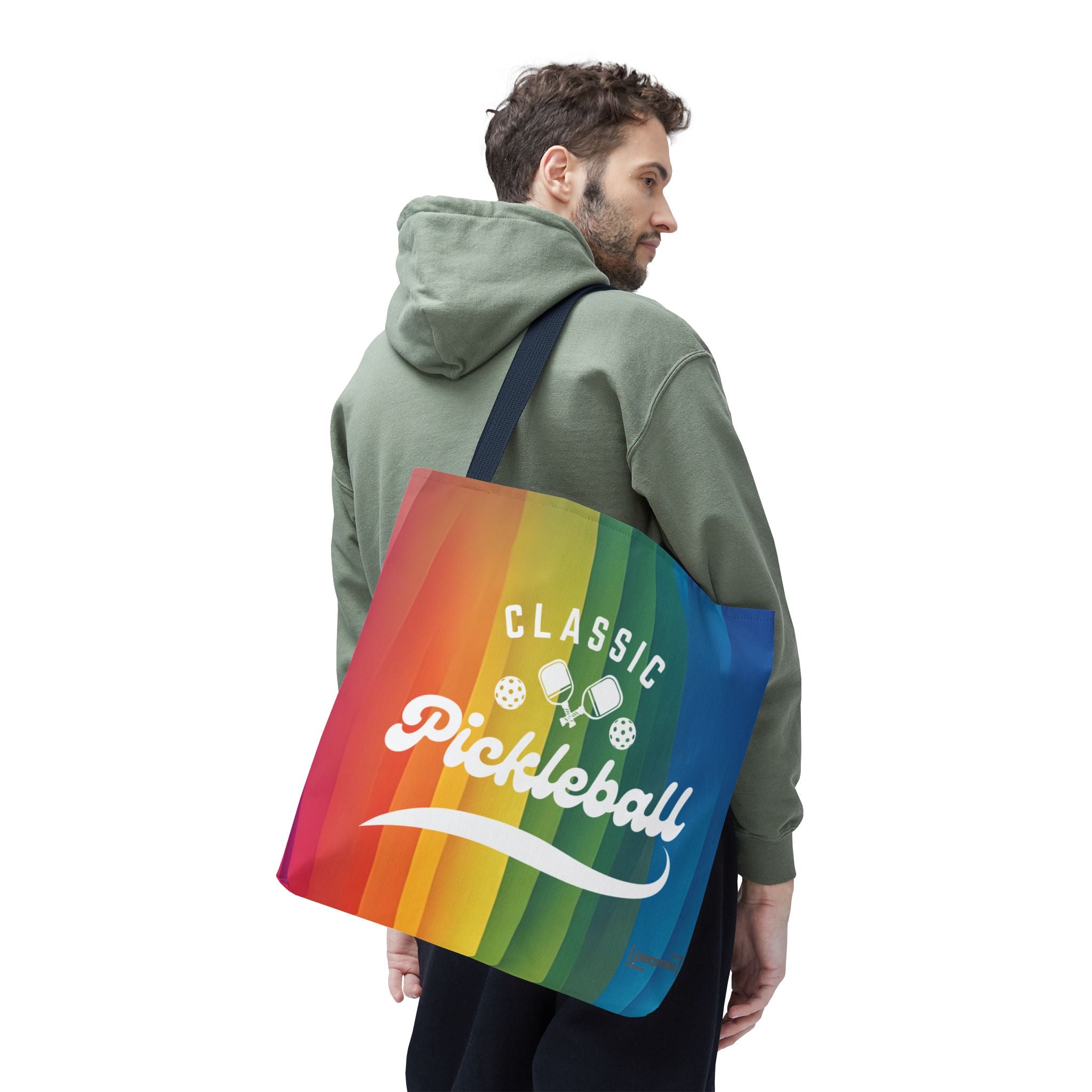 Colorful rainbow tote bag with crossed pickleball paddles and script design, made by Printify, perfect for sports and casual use.